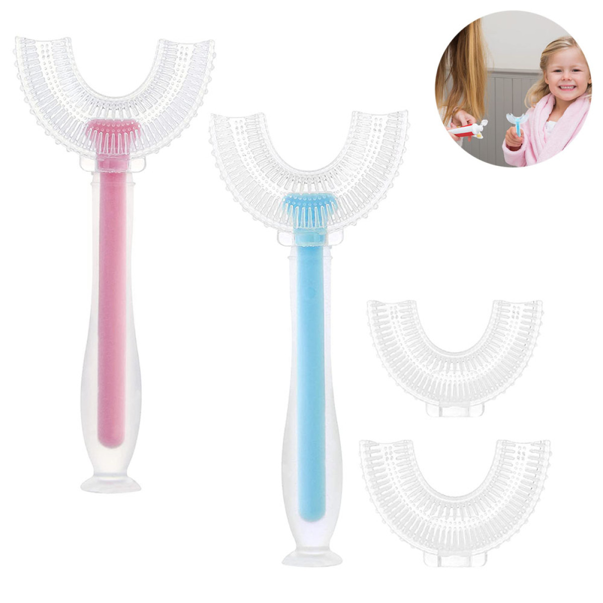 Zwei U-förmige Zahnbürsten, rosa und blau, mit einem jungen Mädchen, das eine benutzt.