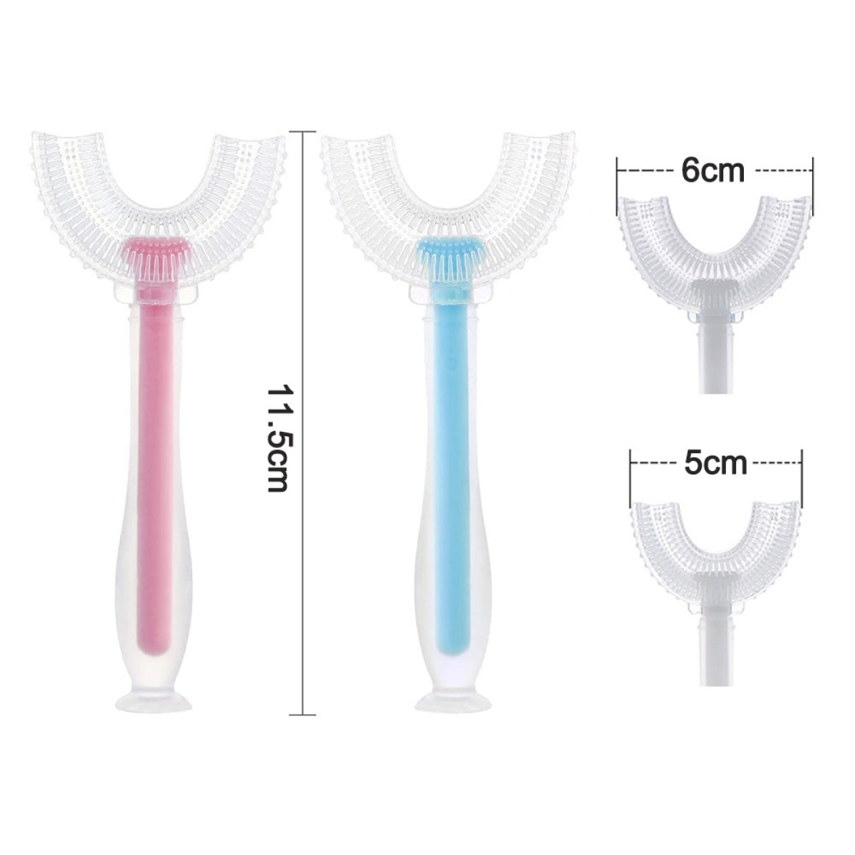 Zwei U-förmige Babyzahnbürsten, eine rosa und eine blaue, mit beschrifteten Abmessungen. Weißer Hintergrund.