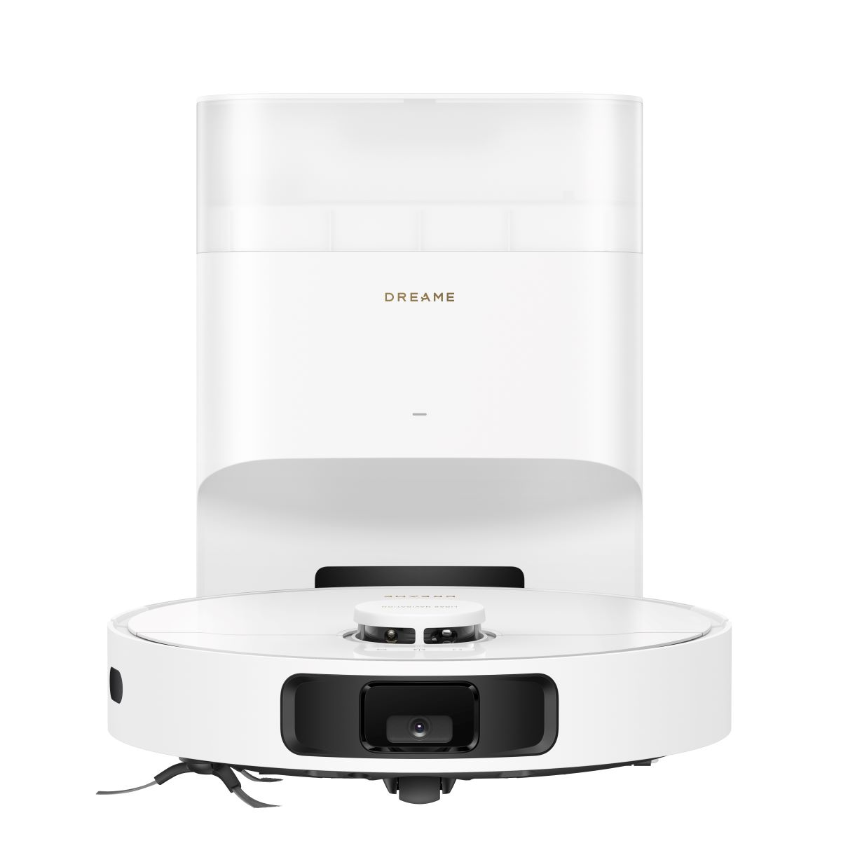 Biały robot sprzątający Dreame i stacja ładująca. Czysty design. Białe tło.