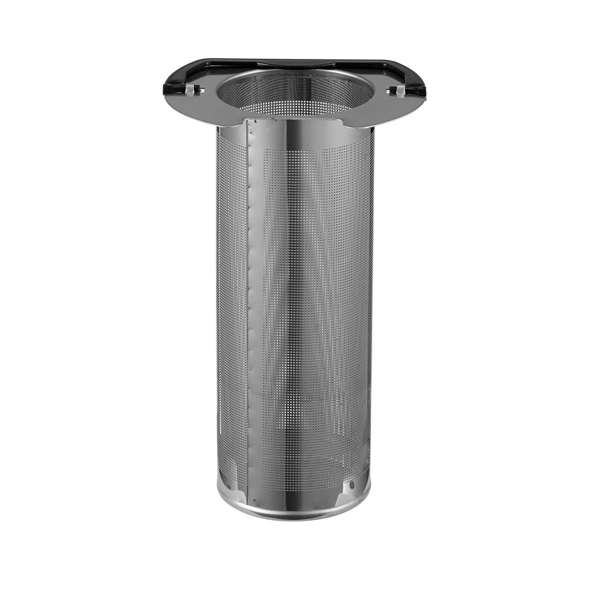 Une passoire à thé en acier inoxydable. Il est cylindrique avec un design perforé.