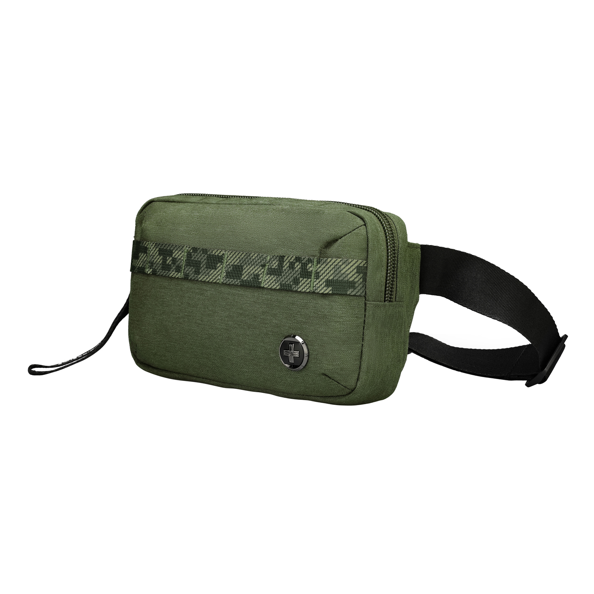 Marsupio verde oliva con cinturino nero e stemma argentato, su sfondo bianco.