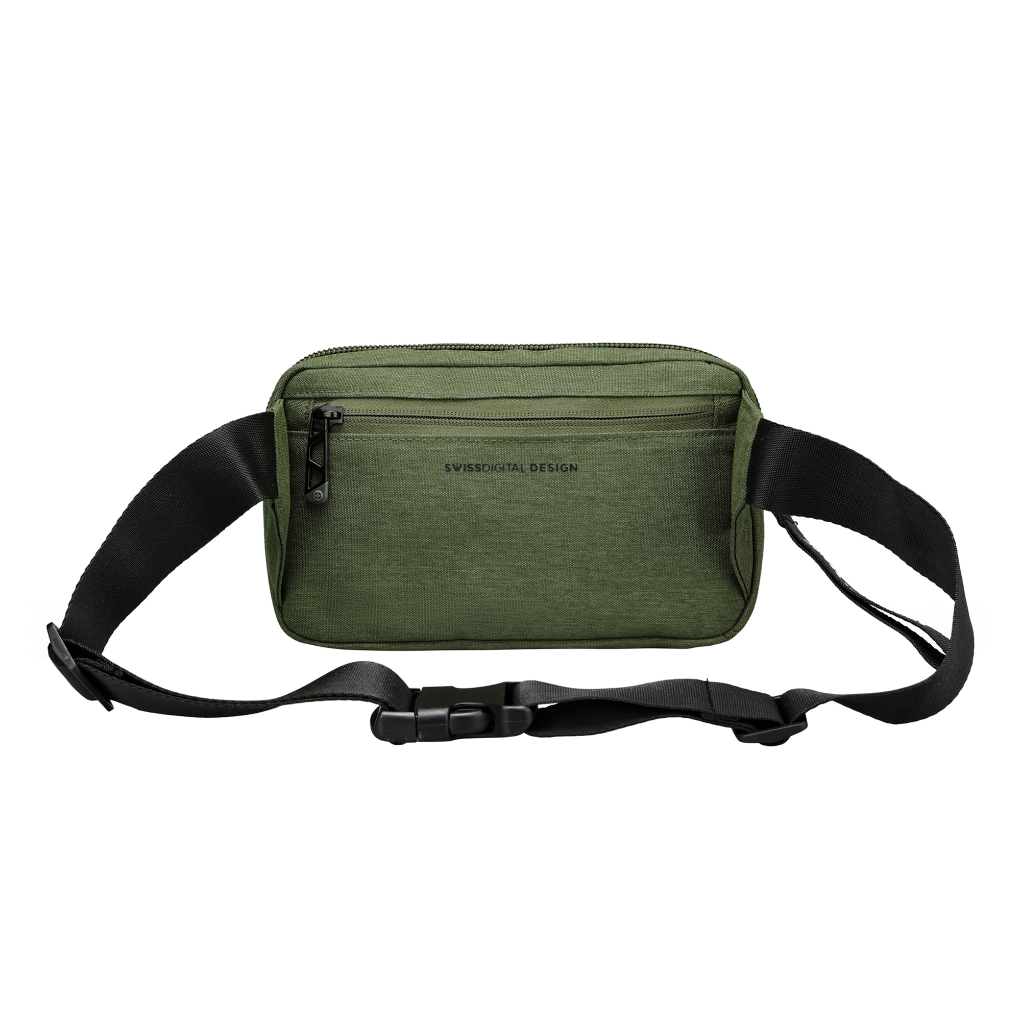 Marsupio verde con cinturino e fibbia neri.