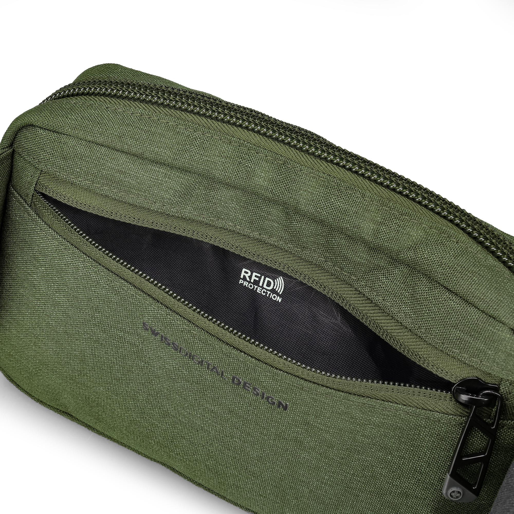 Borsa verde con etichetta di protezione RFID e tasca aperta visibile.