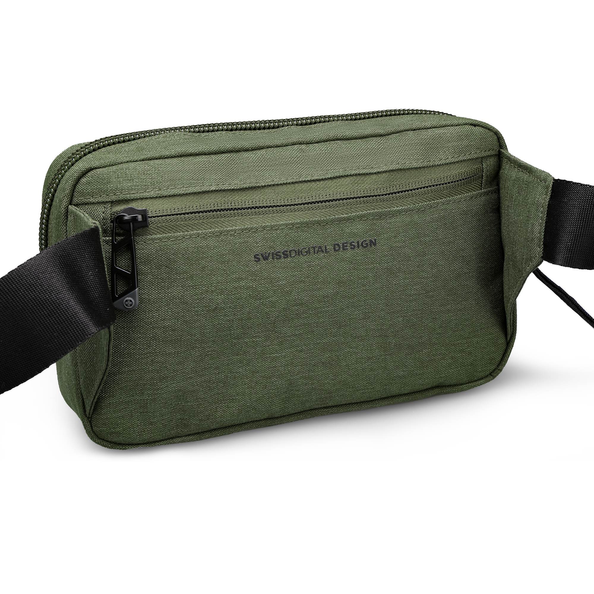 Marsupio verde con cinturino nero. Testo: SWISSDIGITAL DESIGN. Cerniera e fibbia nere.
