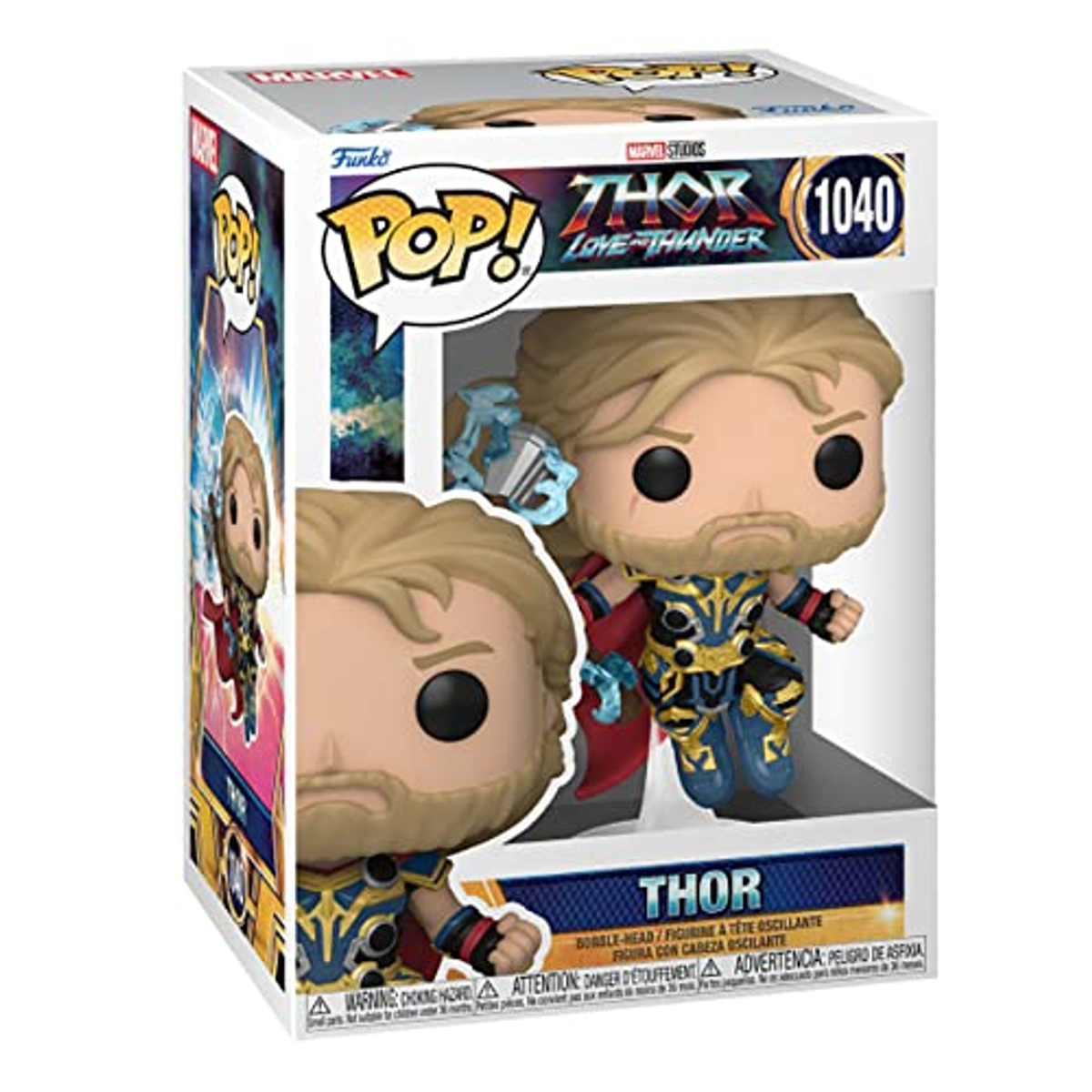 Una statuetta Funko Pop di Thor in una scatola con sfondo in stile fumetto.