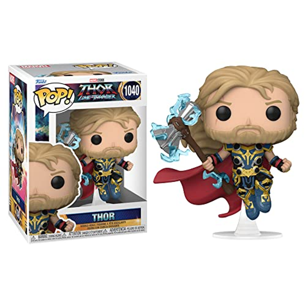Figura e scatola di Thor Funko Pop. Thor tiene un martello, in piedi su una base.