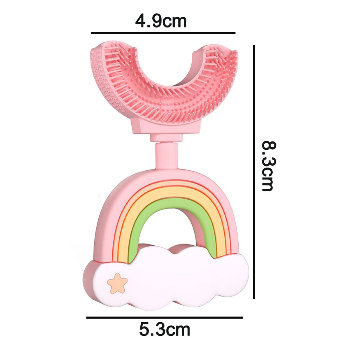 Rosa U-förmige Babyzahnbürste mit weichen Borsten und Regenbogen-Griff mit Wolkenfuß.