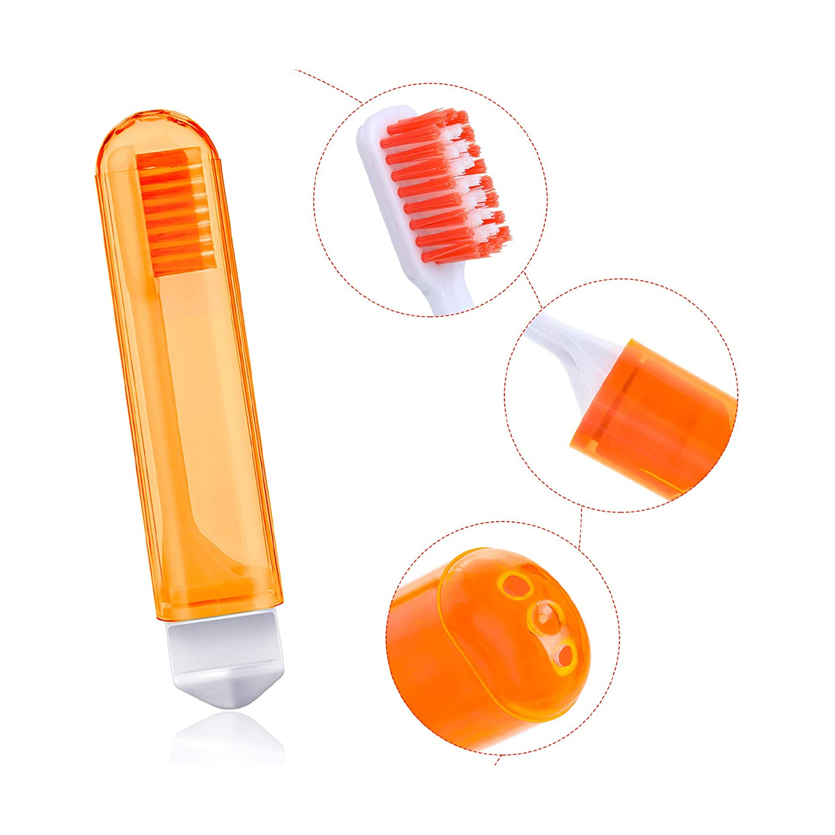 Orange Reisezahnbürste mit Etui, plus Nahaufnahmen von Bürste und Kopf.
