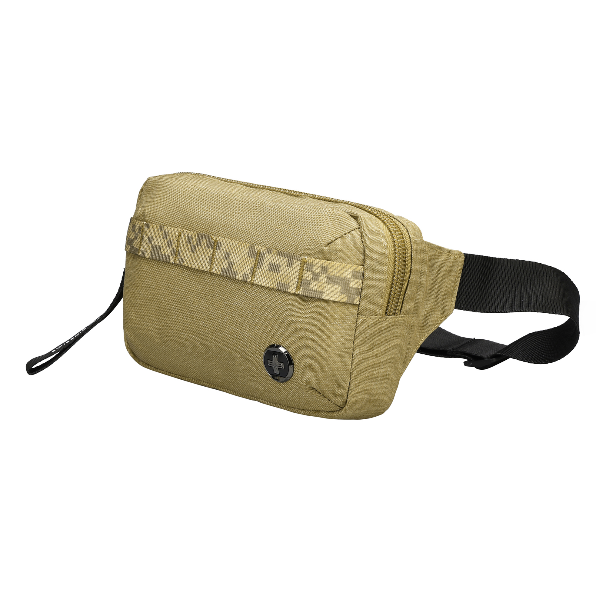 Un marsupio beige con cinturino nero. Sfondo bianco.