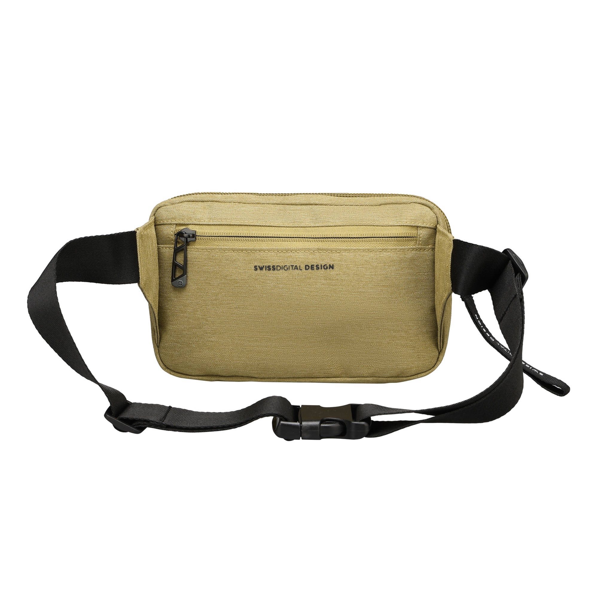 Marsupio beige con cinturino e fibbia neri. Sul davanti la scritta "SWISSDIGITAL DESIGN".
