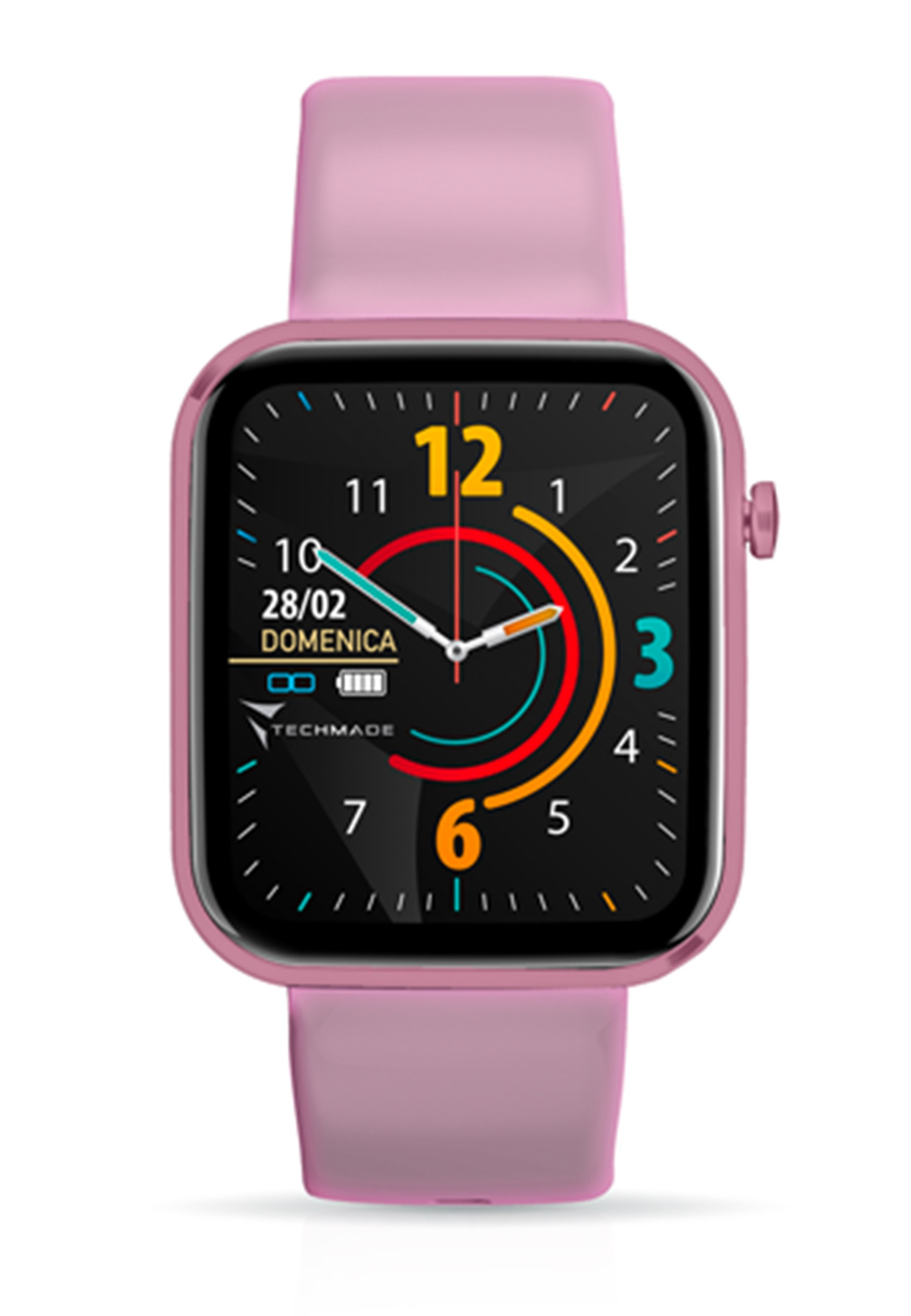 Rosa Smartwatch mit schwarzem Bildschirm, die Uhrzeit ist 12:00 Uhr.
