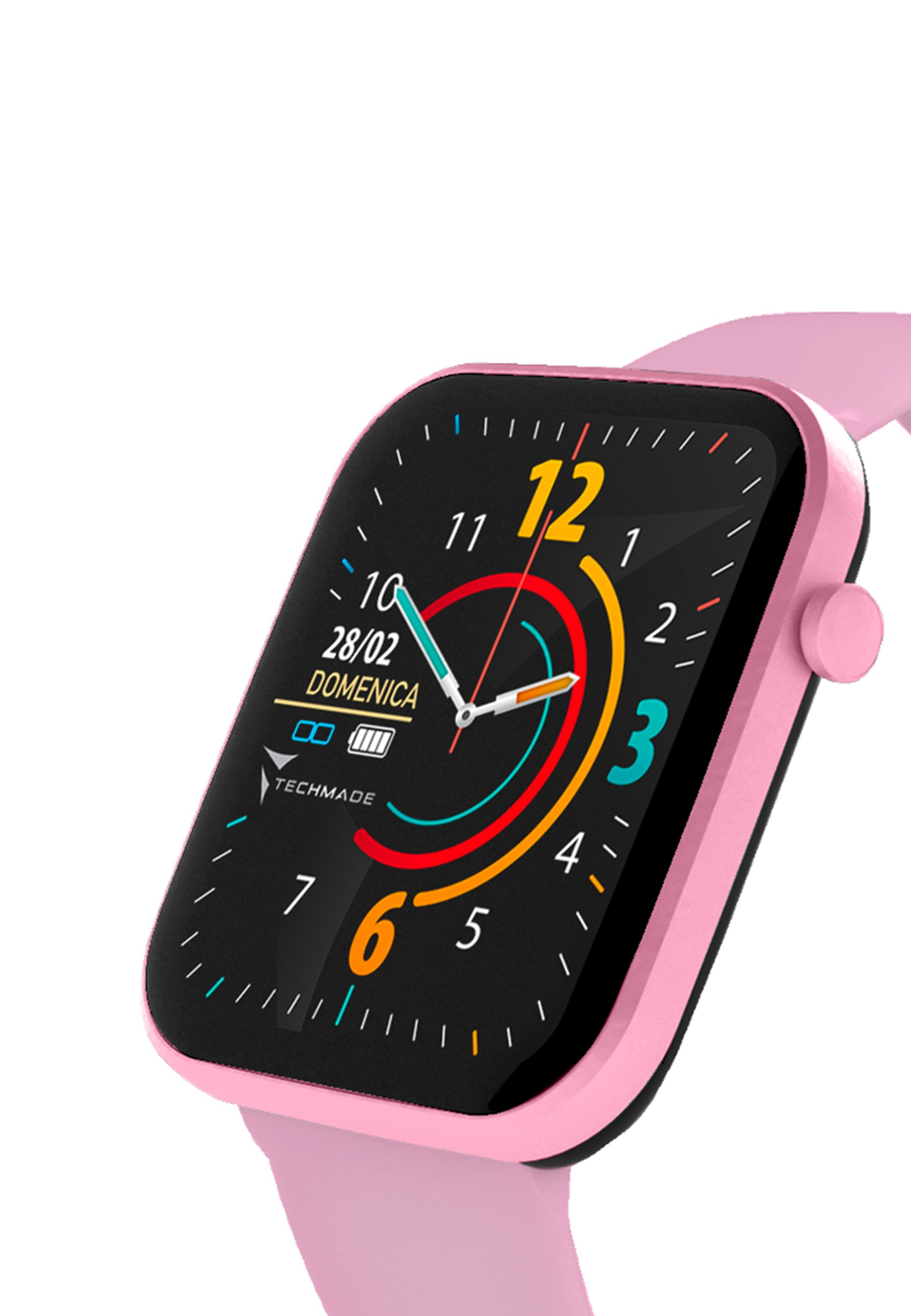 Eine rosa Smartwatch mit einem schwarzen Bildschirm, der Uhrzeit und Datum anzeigt.