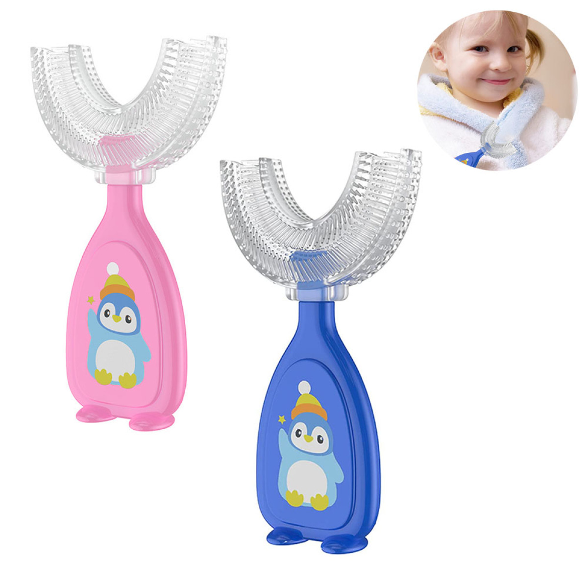 Zwei rosa und blaue U-förmige Zahnbürsten mit Pinguin-Designs, neben einem Kind.