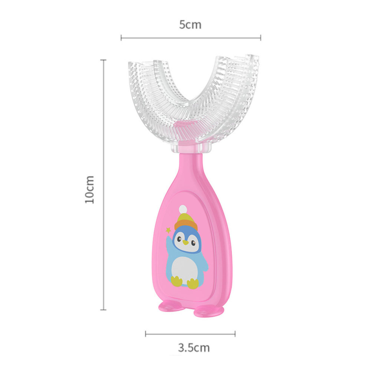 Rosa U-förmige Zahnbürste mit Pinguin-Design, Maße: 10 cm hoch, 5 cm breit, und 3,5 cm Basis.