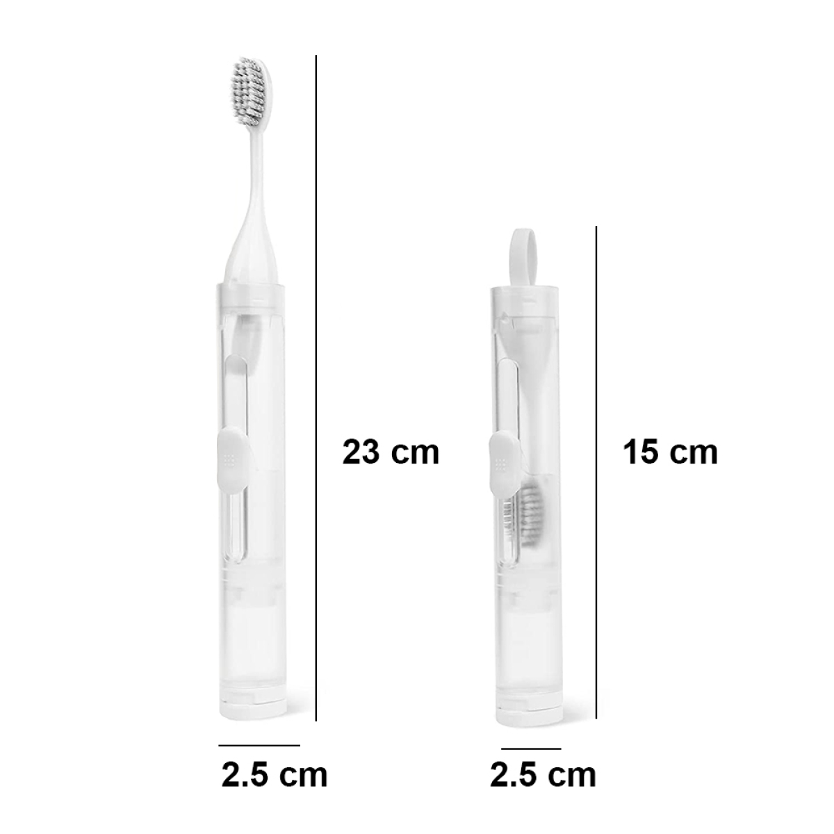 Zwei Zahnbürstenetuis mit Maßen: 23 cm und 15 cm hoch, 2,5 cm breit.
