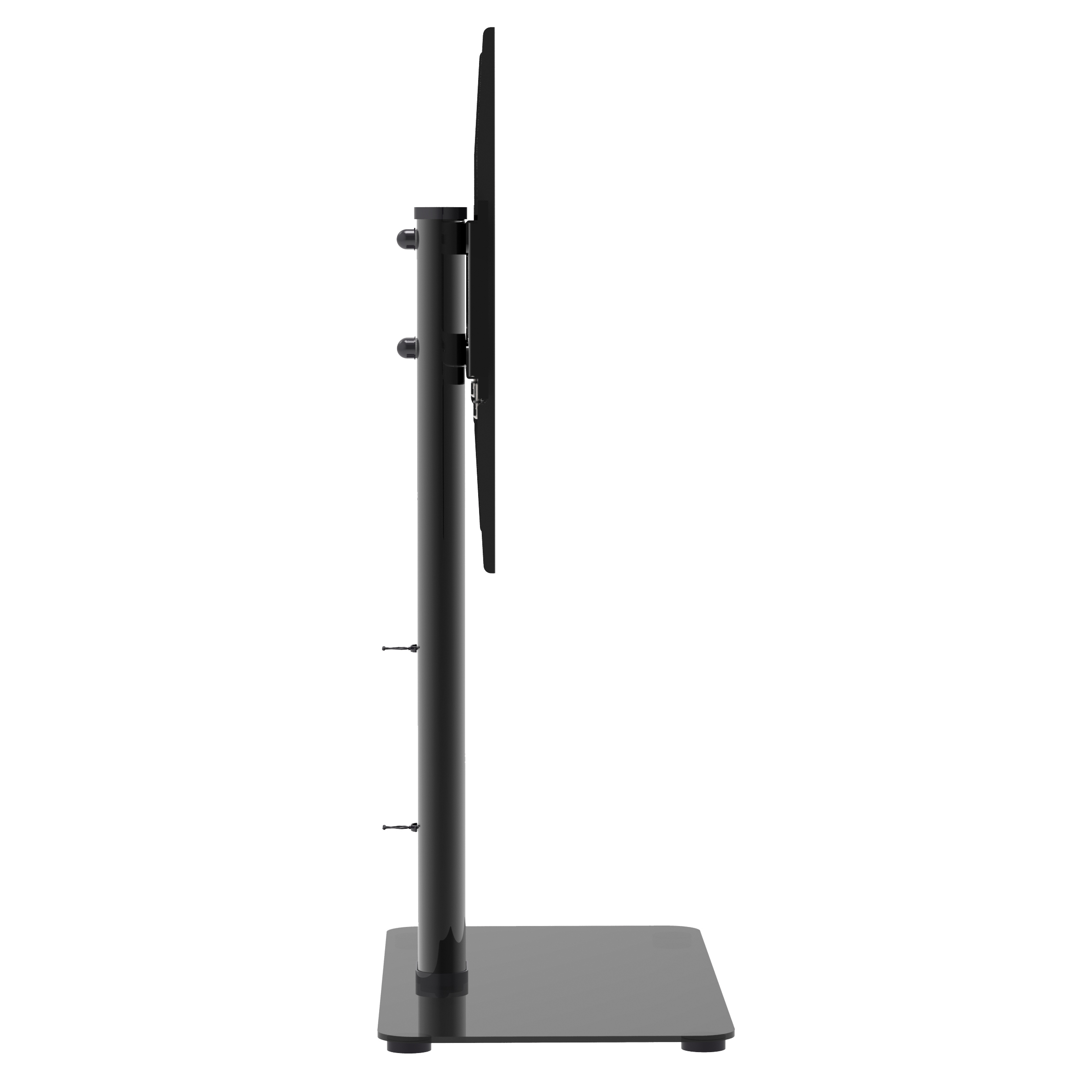 Ein schwarzer TV-Ständer mit einer Säule und rechteckiger Basis, hält einen schwarzen Fernseher.