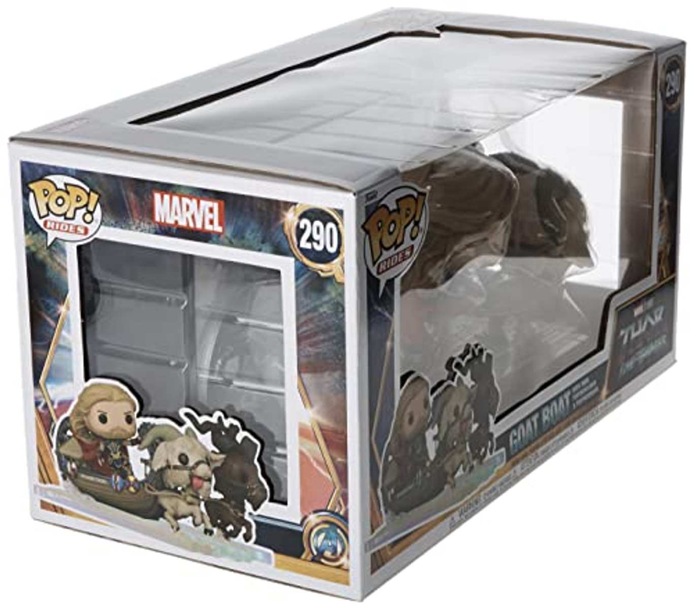 Una scatola Funko Pop con Thor su una barca trainata da capre. La scatola è trasparente.