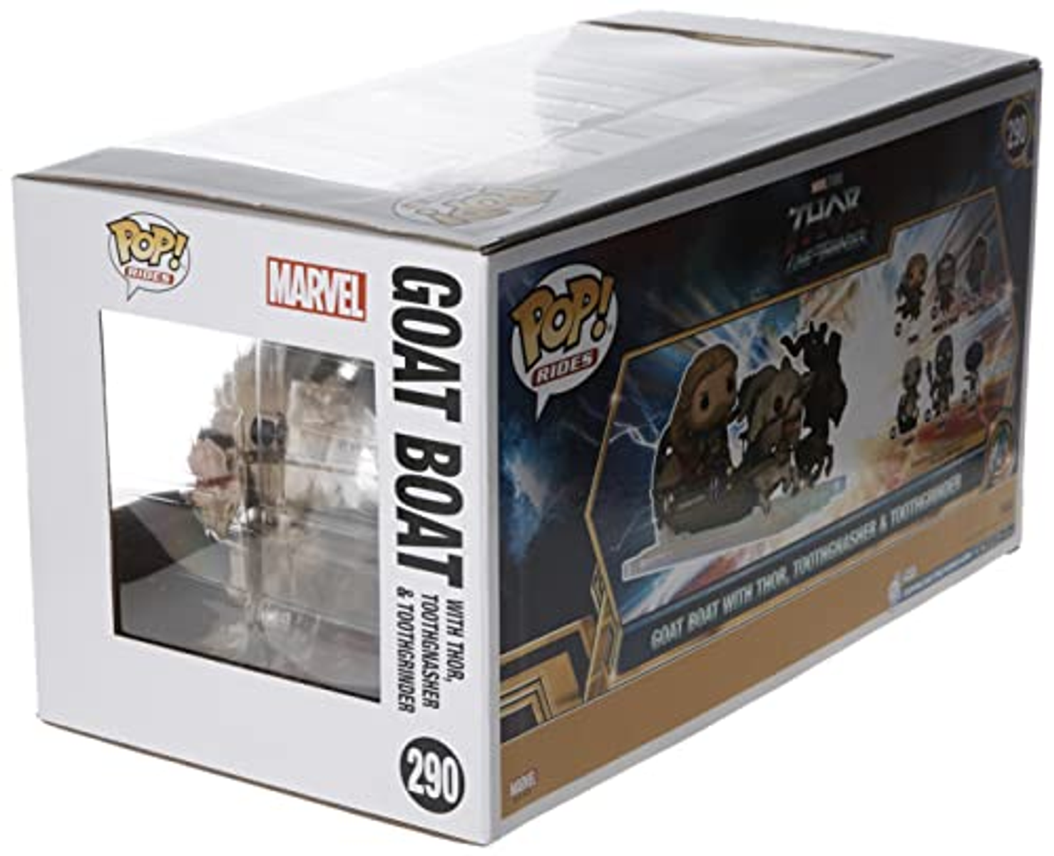Set di scatola di una figura Funko Pop! Mostra la figura di Goat Boat con Thor, Toothgnasher & Toothgrinder.