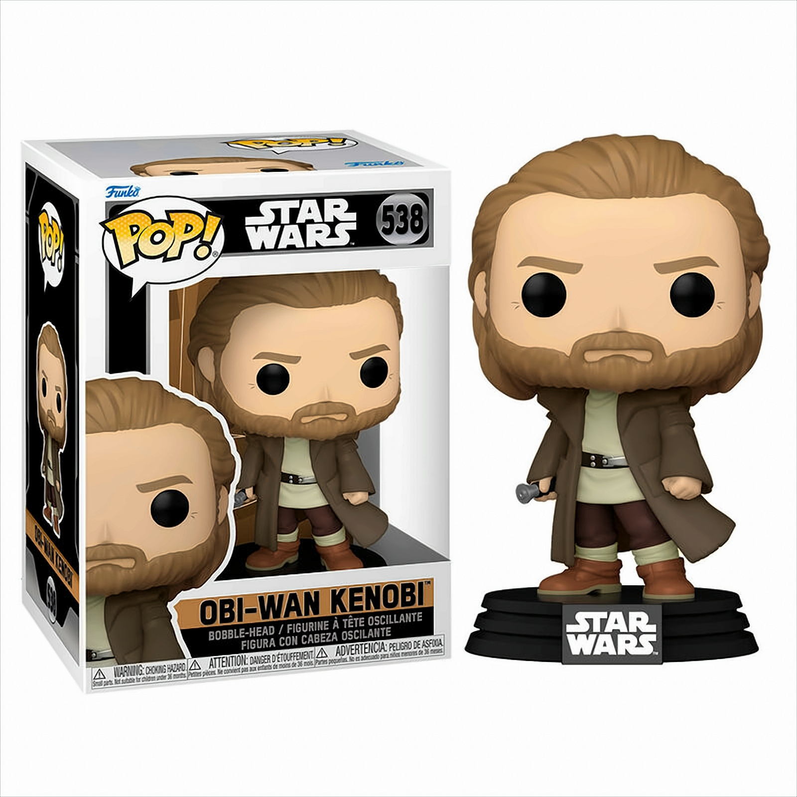 Obi-Wan Kenobi Funko Pop Figur in Box und außerhalb der Box auf schwarzem Sockel stehend.