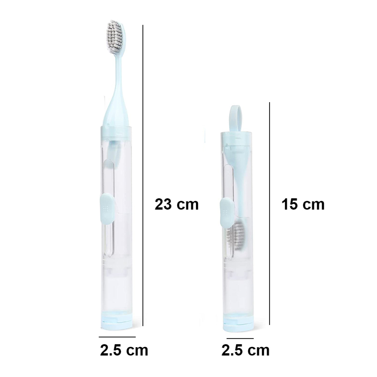 Zwei Reisezahnbürsten in transparenten Röhren mit blauen Akzenten. Maße: 23cm & 15cm hoch, 2,5cm breit.