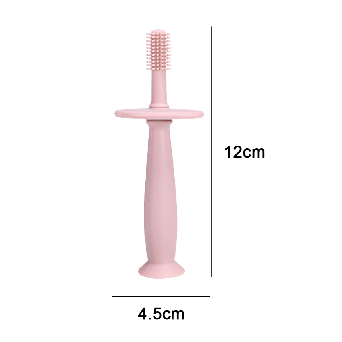 Rosa Baby-Zahnbürste mit Griff und Borsten. 12cm hoch, 4,5cm breit.