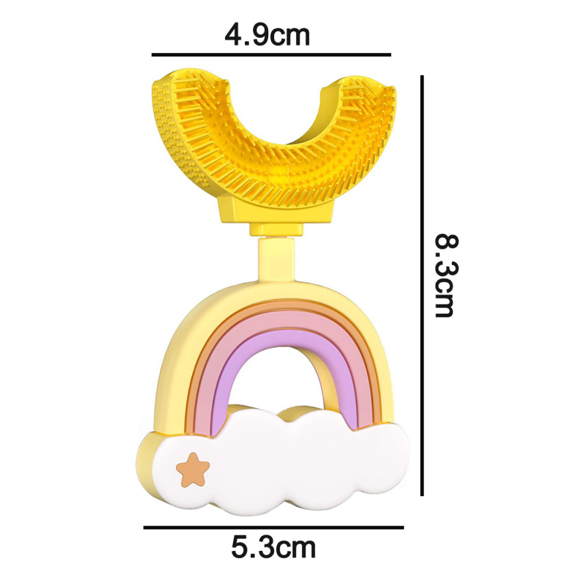 Eine gelbe U-förmige Zahnbürste mit Regenbogen- und Wolken-Design.