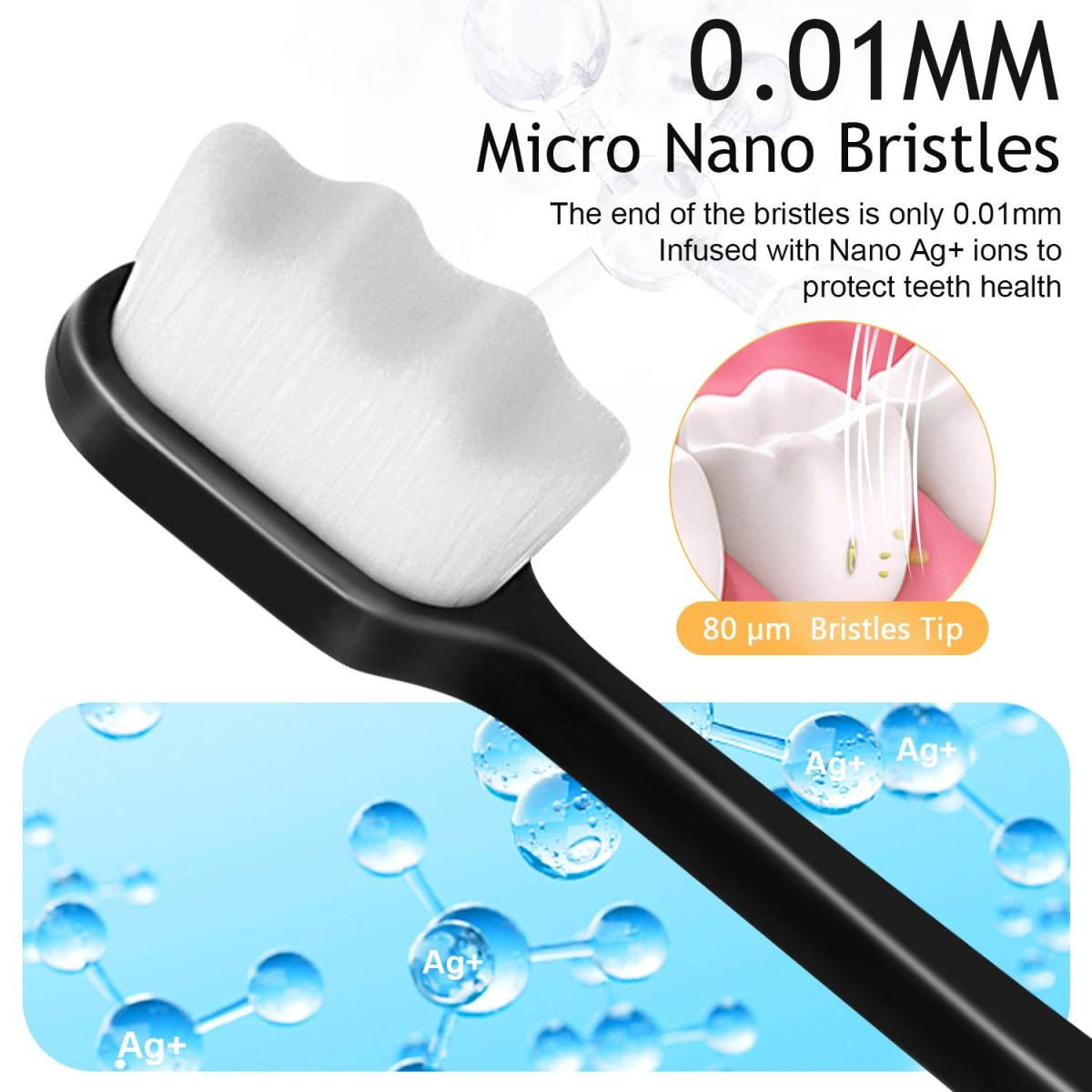 Schwarze Zahnbürste mit weißen Borsten. Text beschreibt 0,01 mm Mikro-Nano-Borsten. Nahaufnahme von Zähnen in einem Kreis.