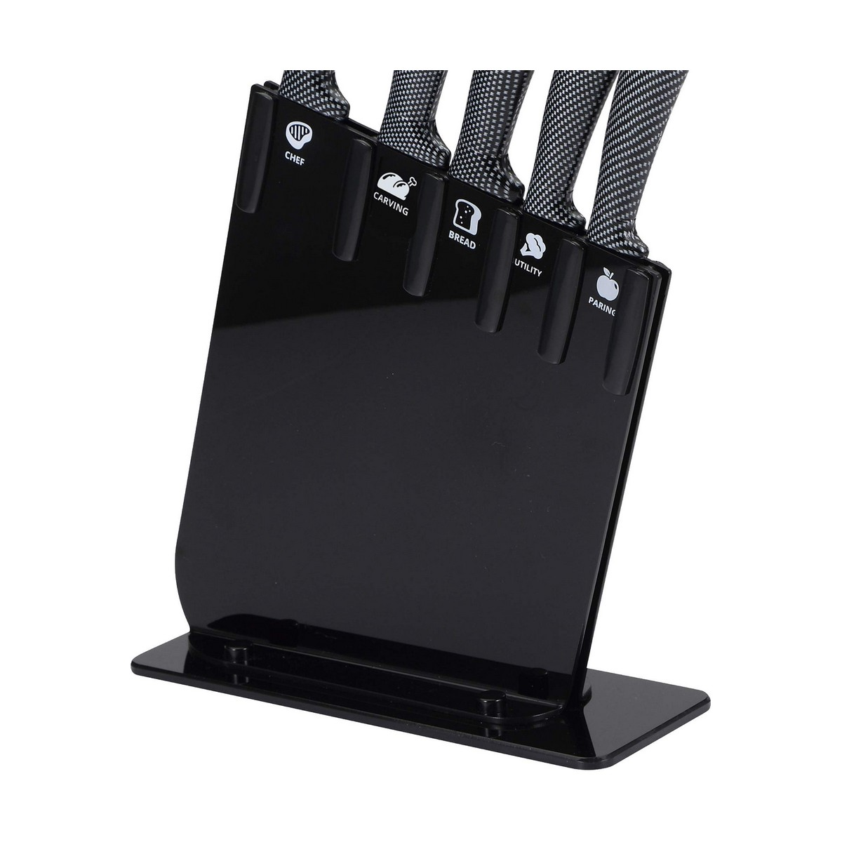 Bloque de cuchillos negro con cinco cuchillos: Chef, Carving, Bread, Utility y Paring.