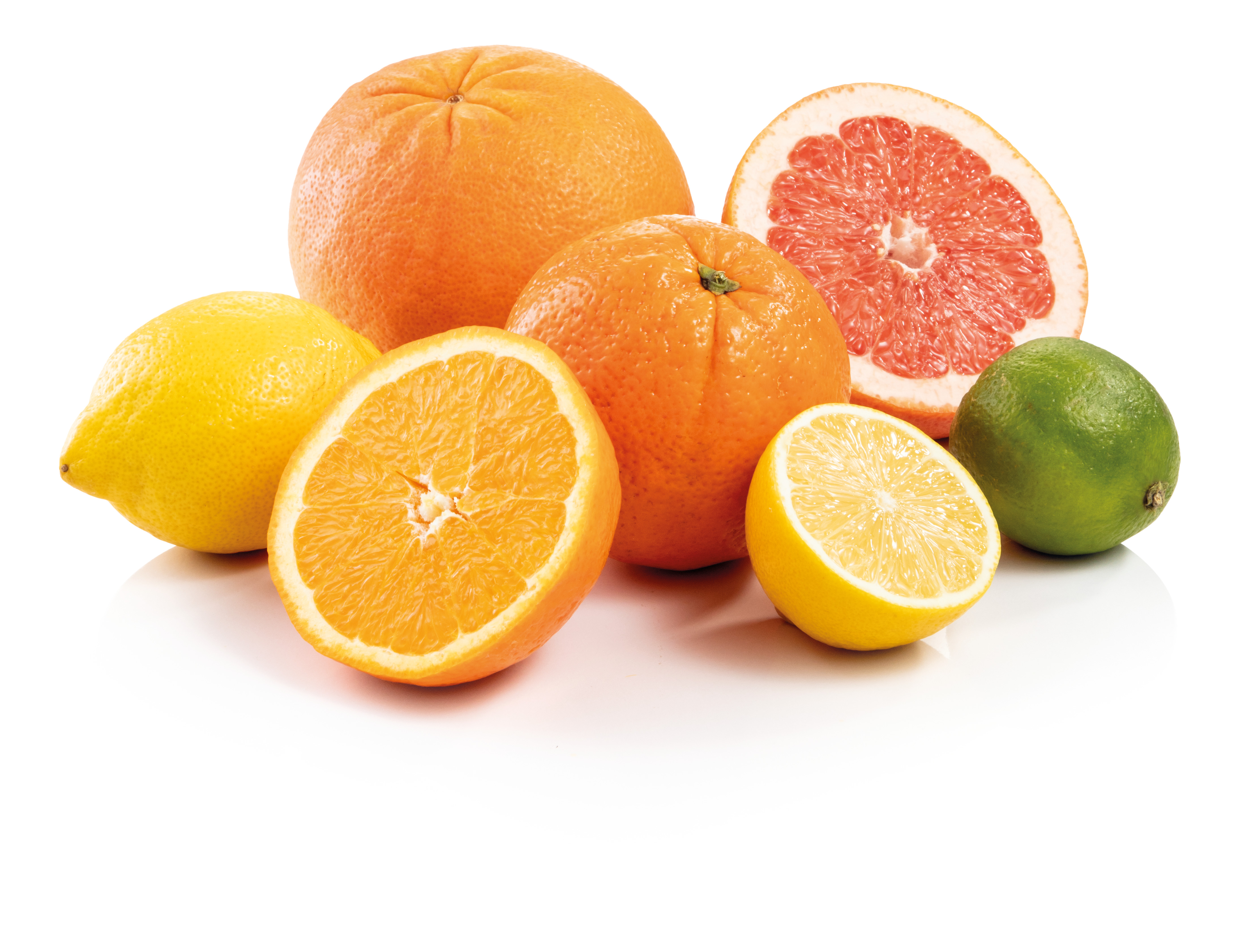 Eine Vielzahl von Zitrusfrüchten: Orangen, Zitrone, Limette, Grapefruit.