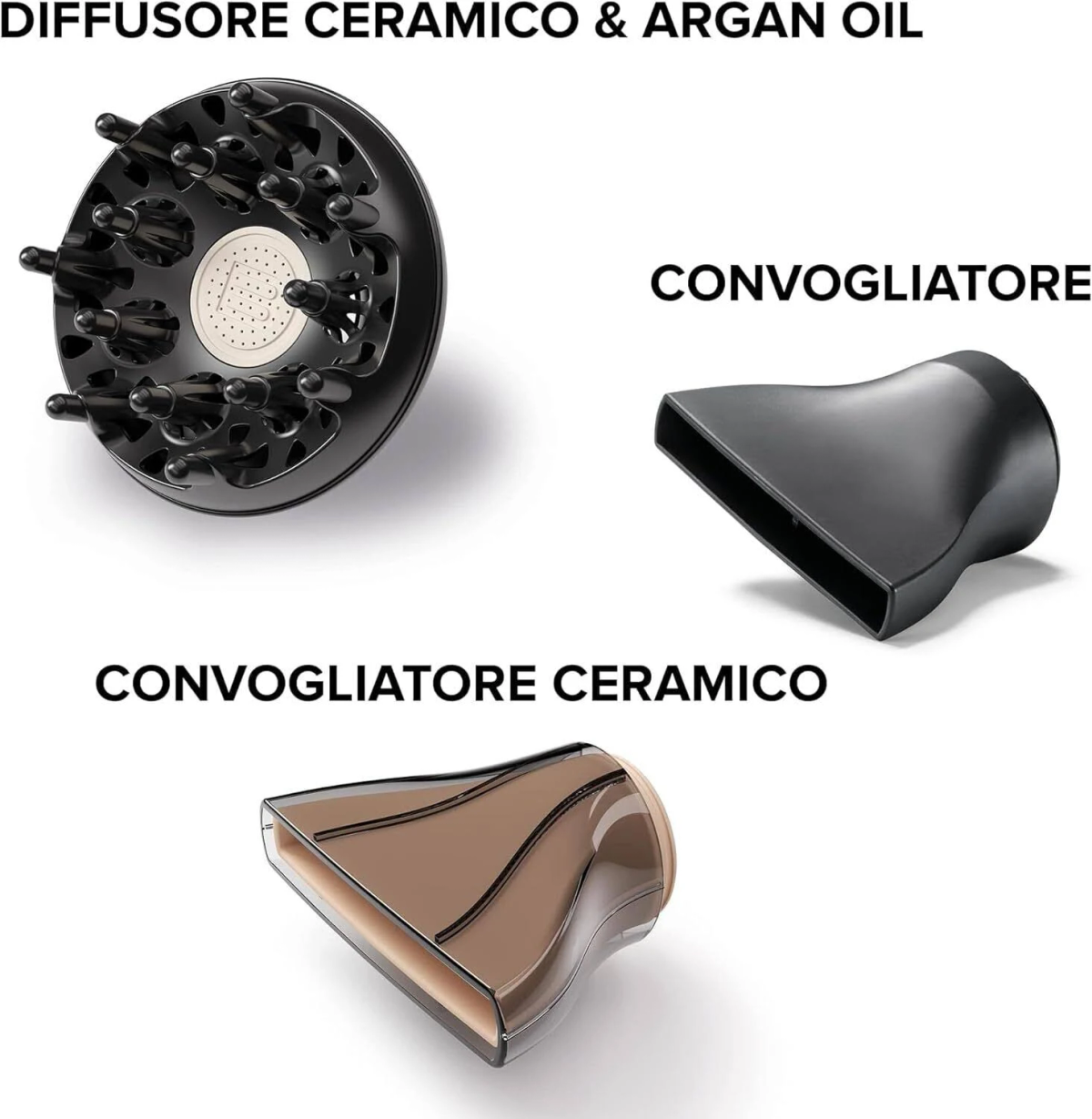 Tre accessori per asciugacapelli: un diffusore, un concentratore e un concentratore ceramico, su sfondo bianco.