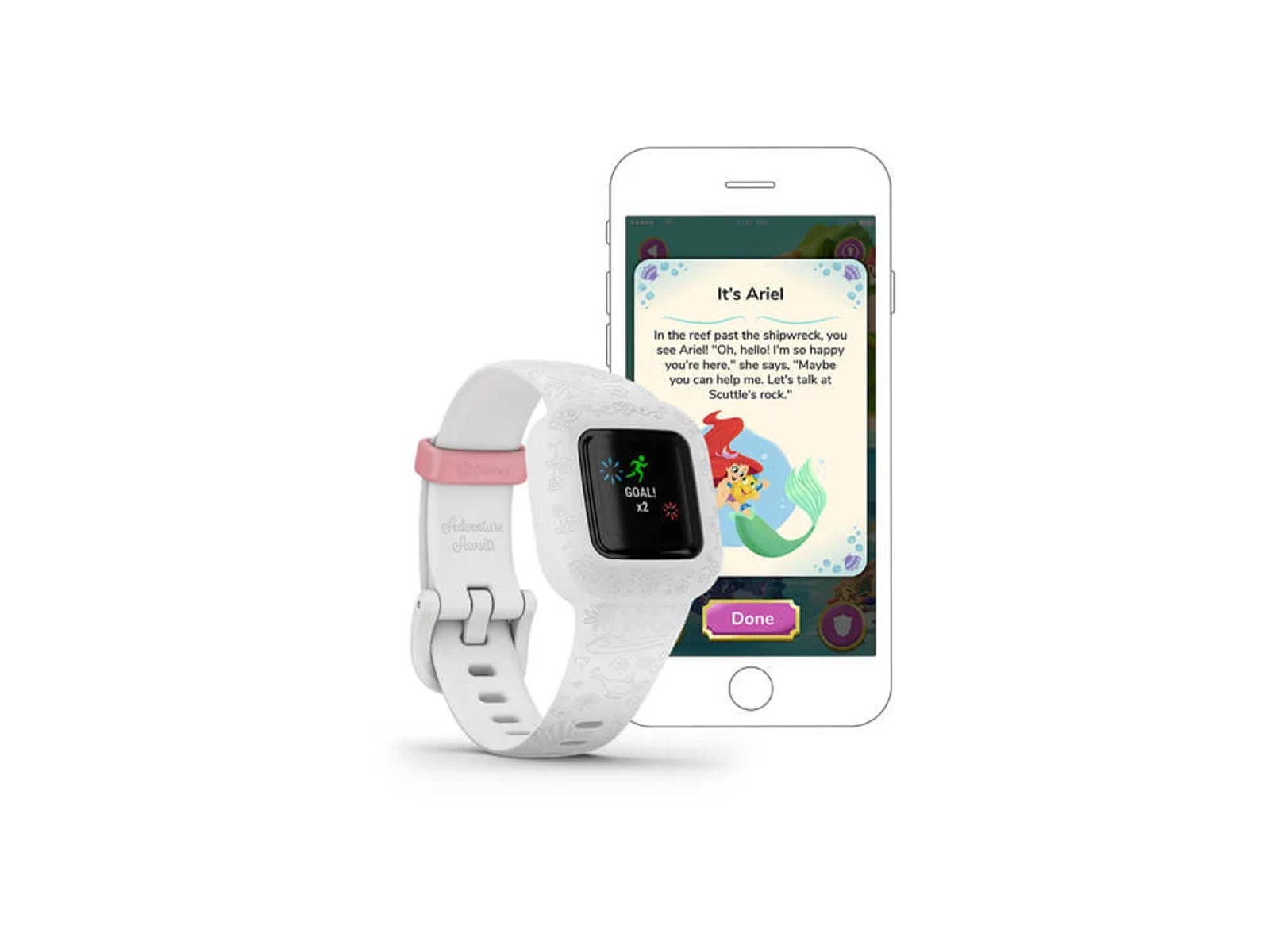 Biały smartwatch dla dzieci i smartfon wyświetlający scenę z kreskówki.