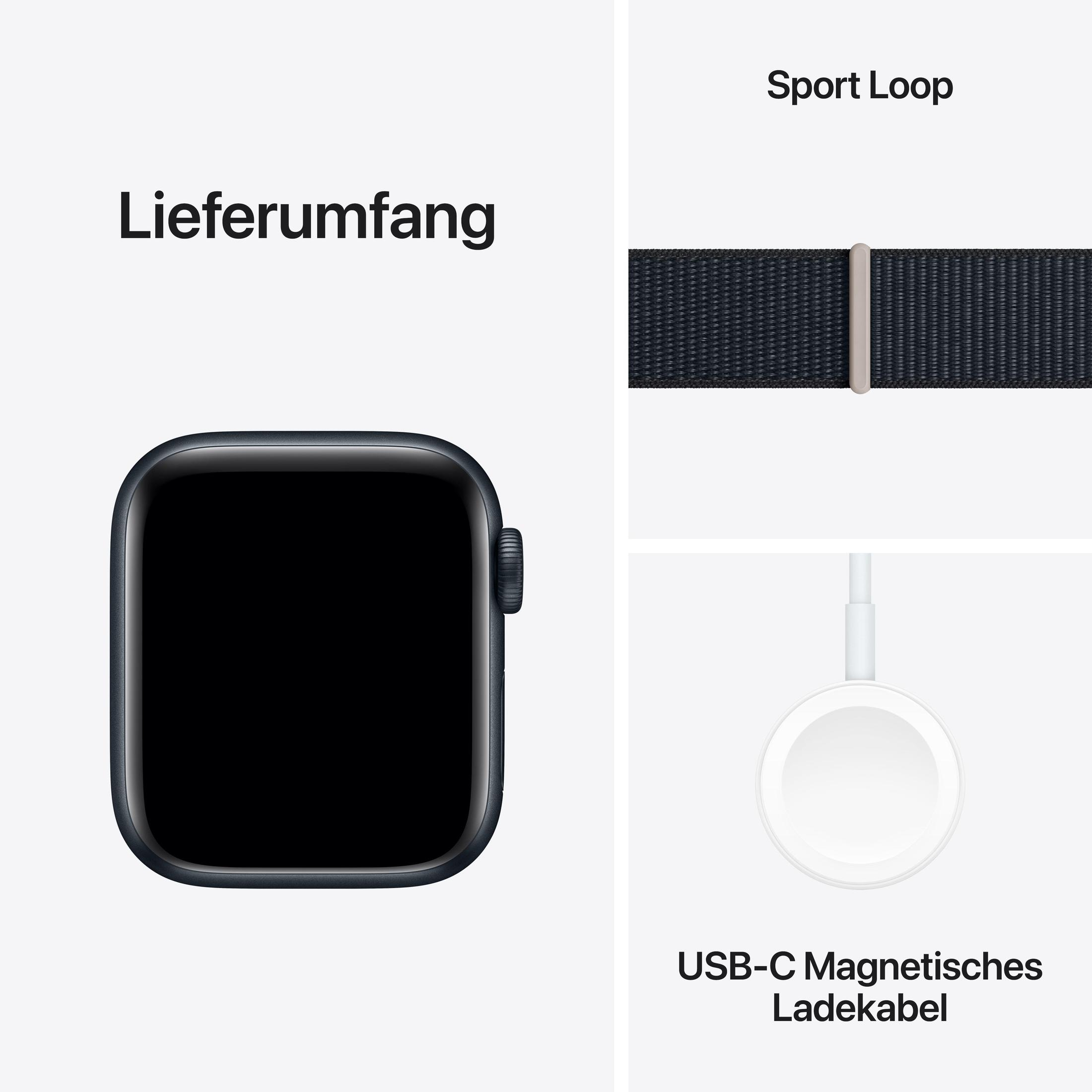 Apple Watch e cavo di ricarica. L'orologio è nero. Il cinturino è blu scuro.