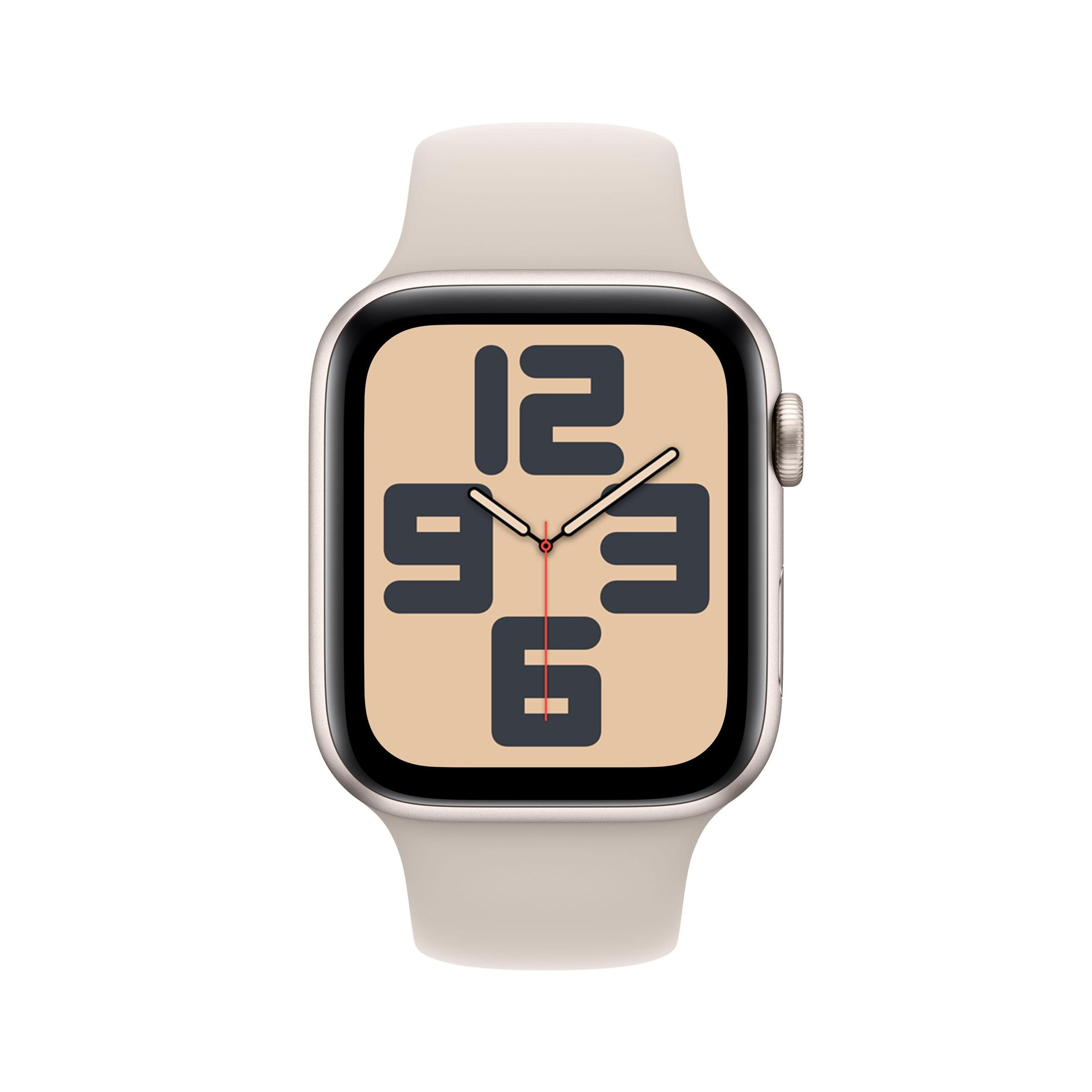 Apple Watch mit beigem Armband und quadratischem Zifferblatt mit großen Zahlen.