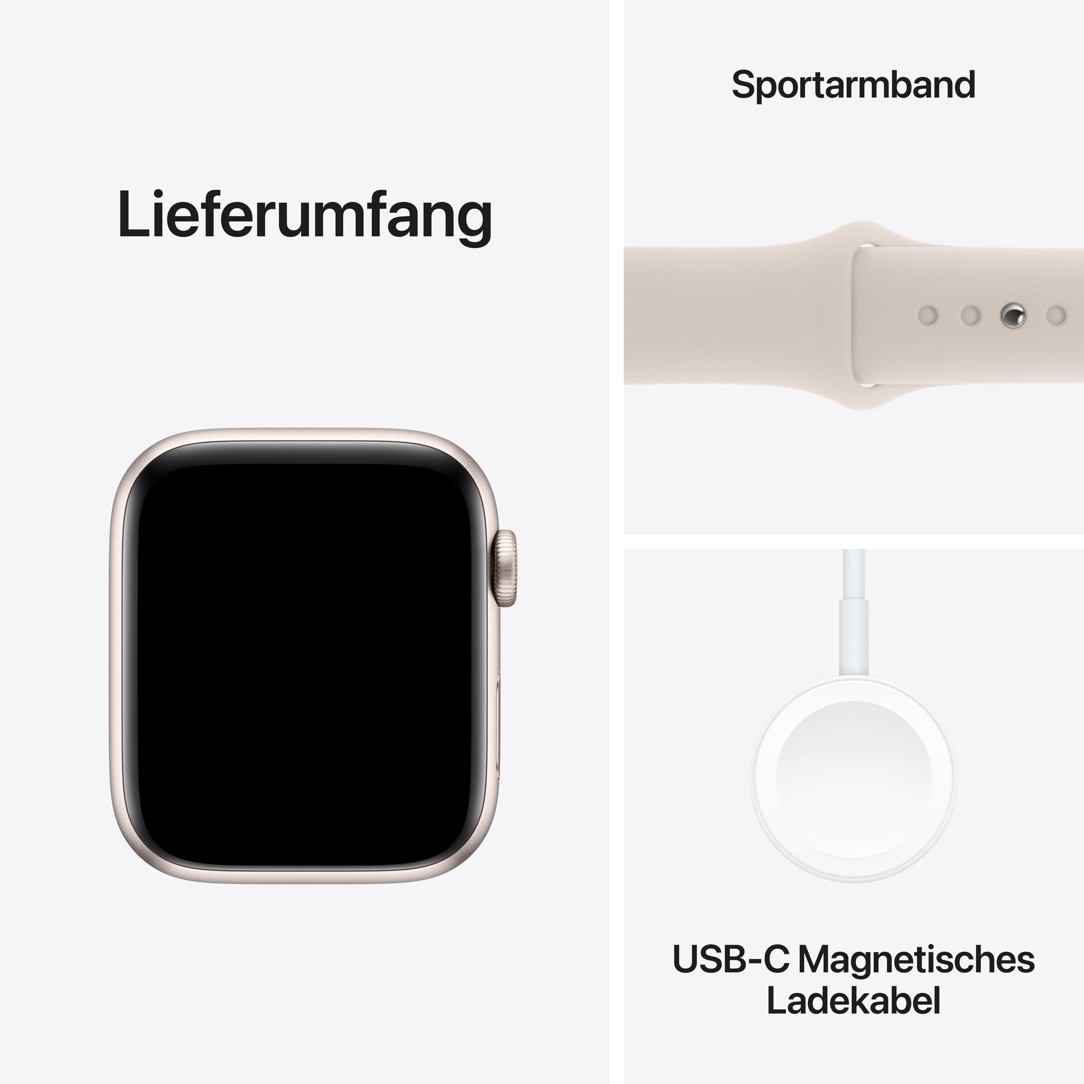 Das Bild zeigt eine Apple Watch, ein Armband und ein Ladekabel. Text: Lieferumfang, Sportarmband, USB-C Magnetisches Ladekabel.