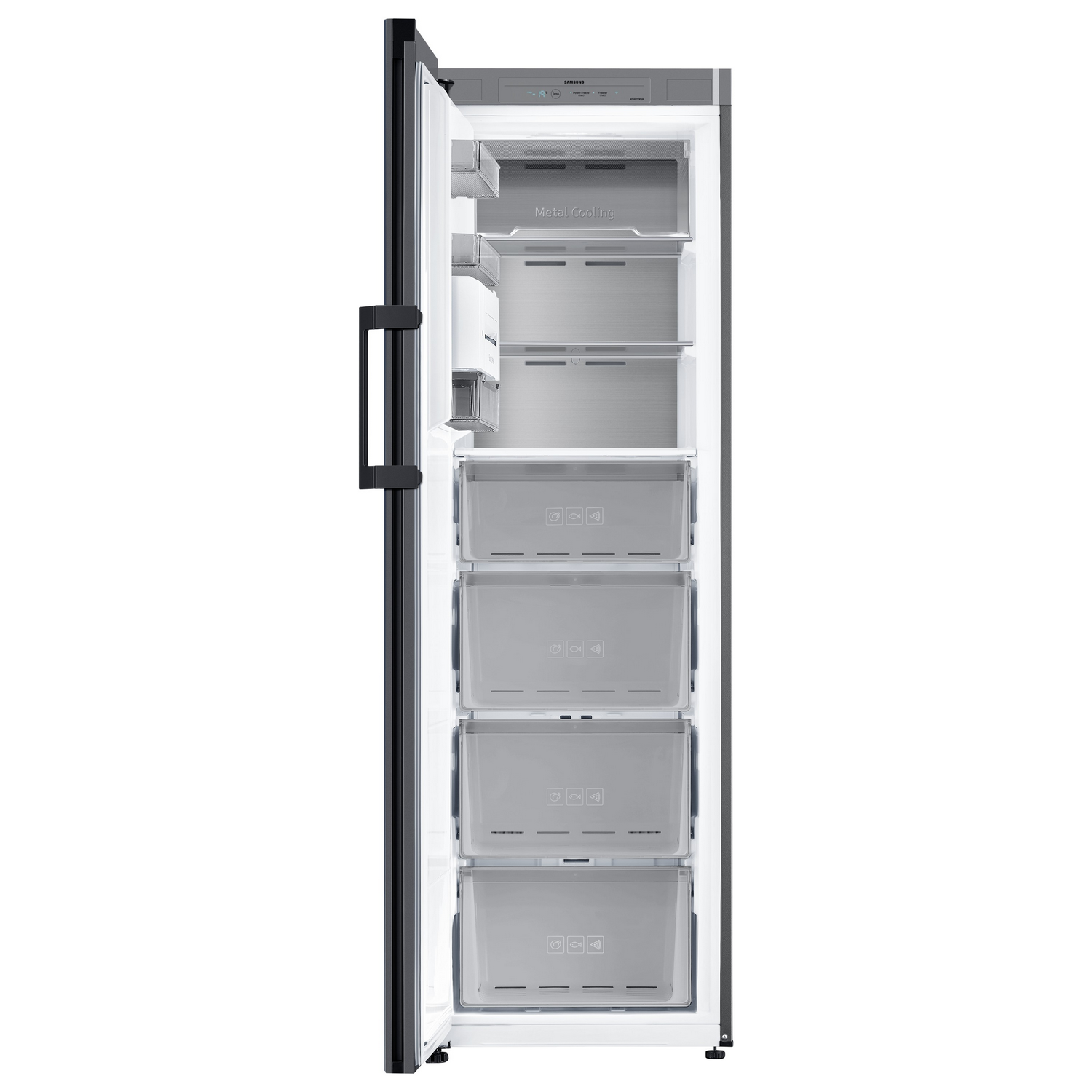 Refrigerador negro abierto con varios cajones y estantes; interior blanco.