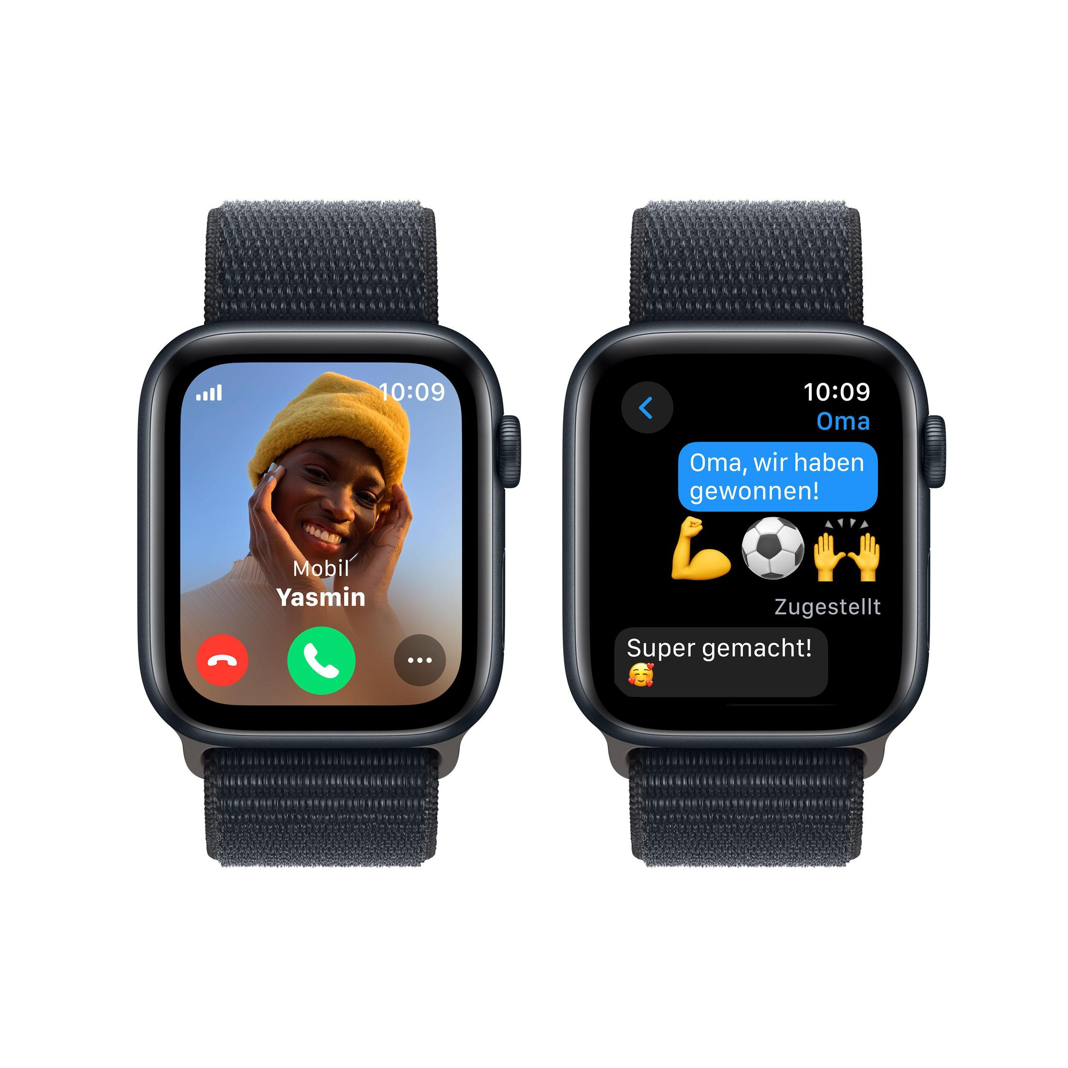 Zwei Apple Watches zeigen einen eingehenden Anruf und eine Nachricht von Oma mit Emojis.