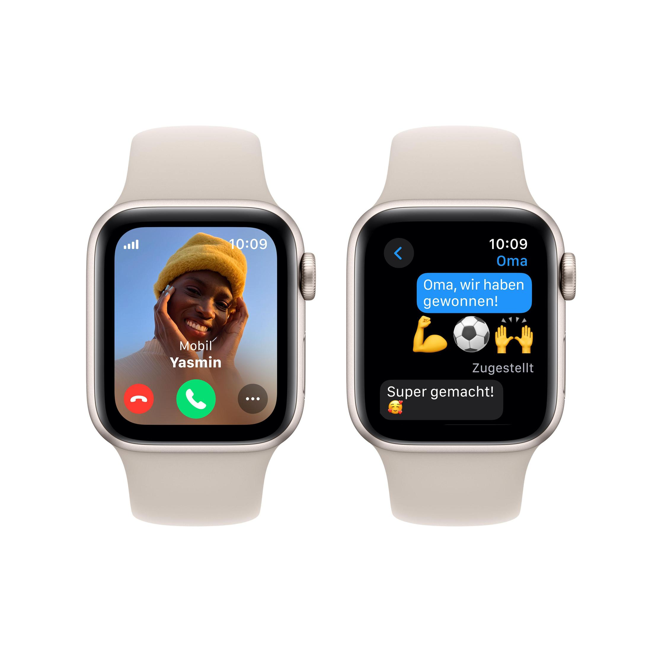 Apple Watch mit zwei Bildschirmen. Einer ist ein Anruf, der andere eine Textnachricht mit Emojis.