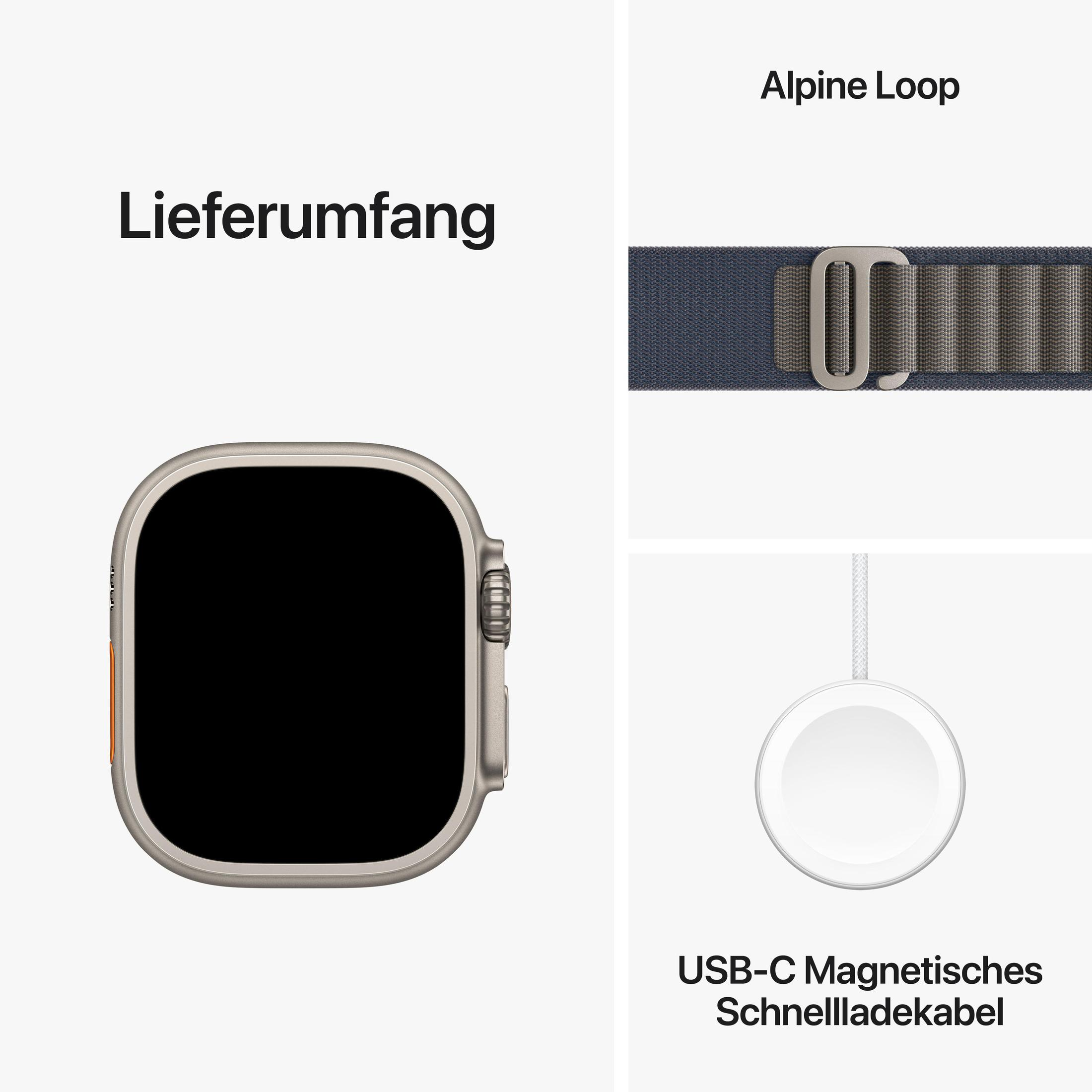 Silberne Apple Watch, blaues Armband und Ladegerät. Text: Lieferumfang, Alpine Loop und USB-C Magnetisches Schnellladekabel.
