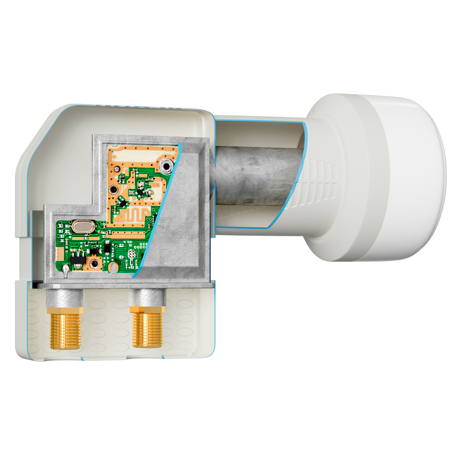 Schnittansicht eines Satelliten-LNB mit internen Schaltkreisen und Anschlüssen.