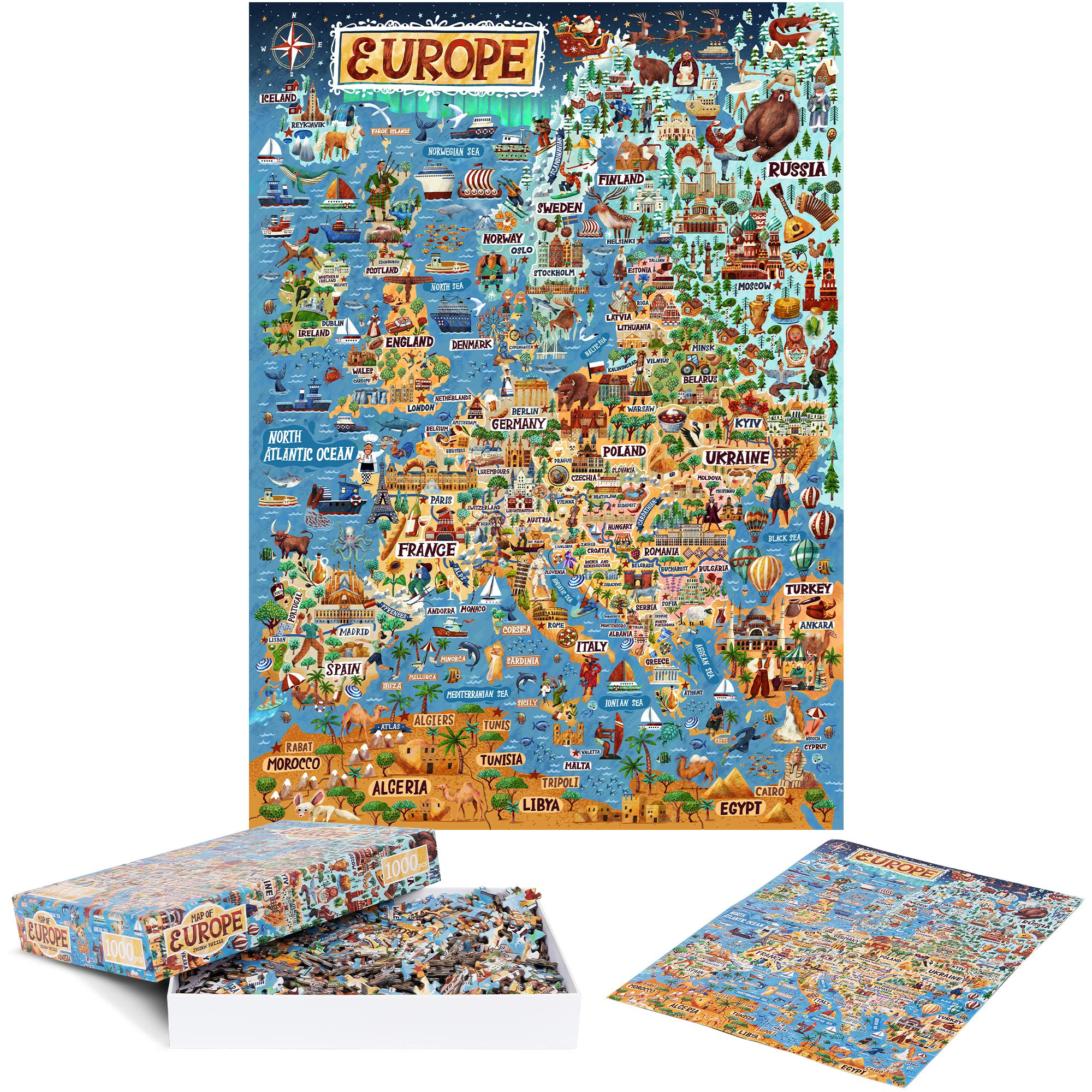 Ein farbenfrohes Europa-Kartenpuzzle mit einer Box und einem gelösten Puzzleteil. Weißer Hintergrund.