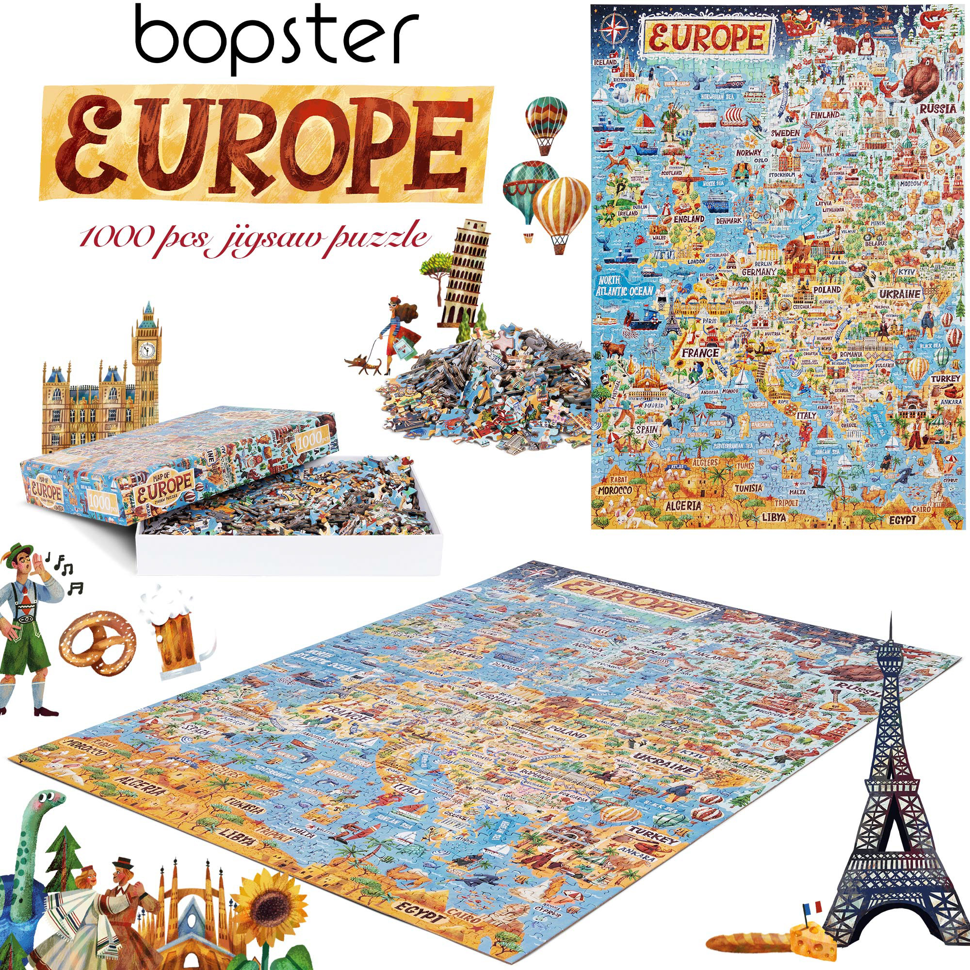 Puzzle-Box, fertige Puzzle-Karte von Europa mit Wahrzeichen und Puzzleteile sind sichtbar.