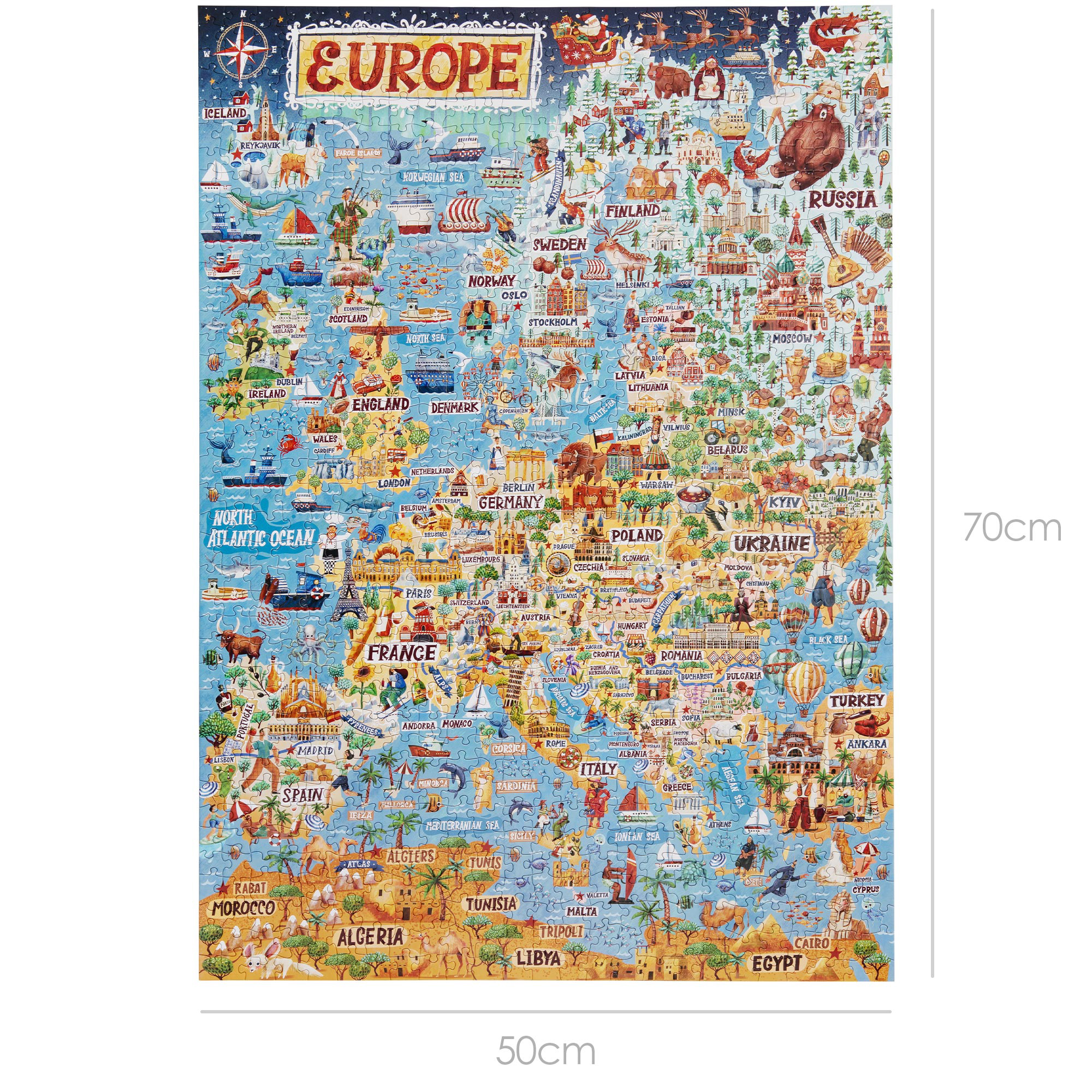 Puzzle der Europakarte mit Grenzen und Illustrationen von Sehenswürdigkeiten und Symbolen. 70cm x 50cm.