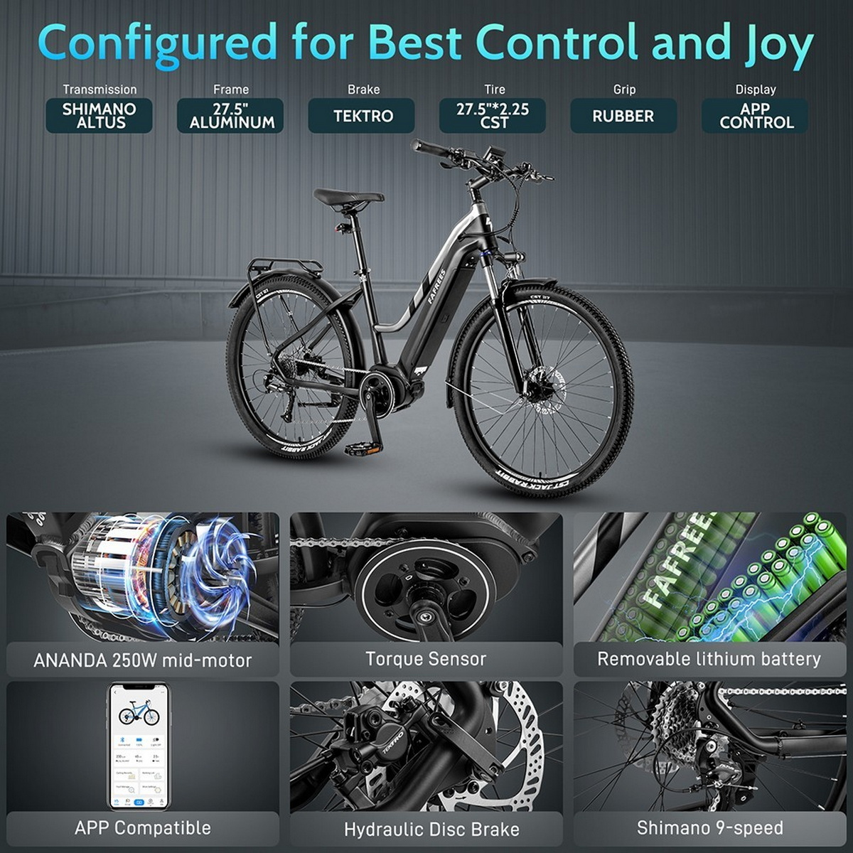Schwarzes und silbernes E-Bike mit detaillierten Komponenten und Textbeschreibungen.