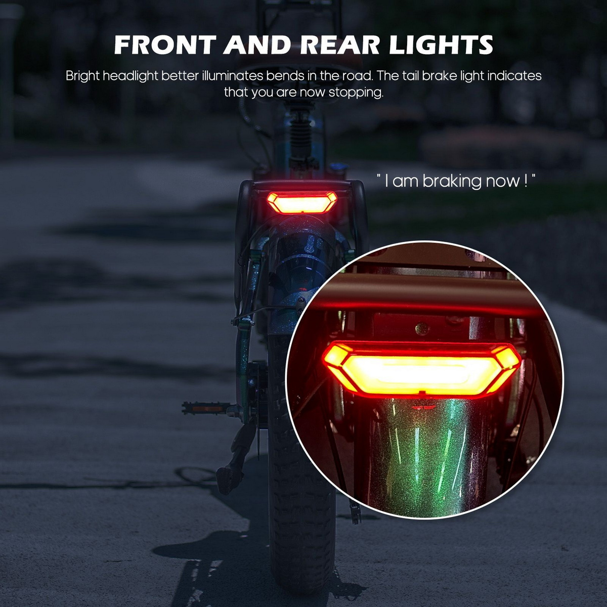 Rückansicht eines Fahrrads mit eingeschalteten Lichtern. Text sagt: Front- und Rücklichter. Das Rücklicht ist rot.
