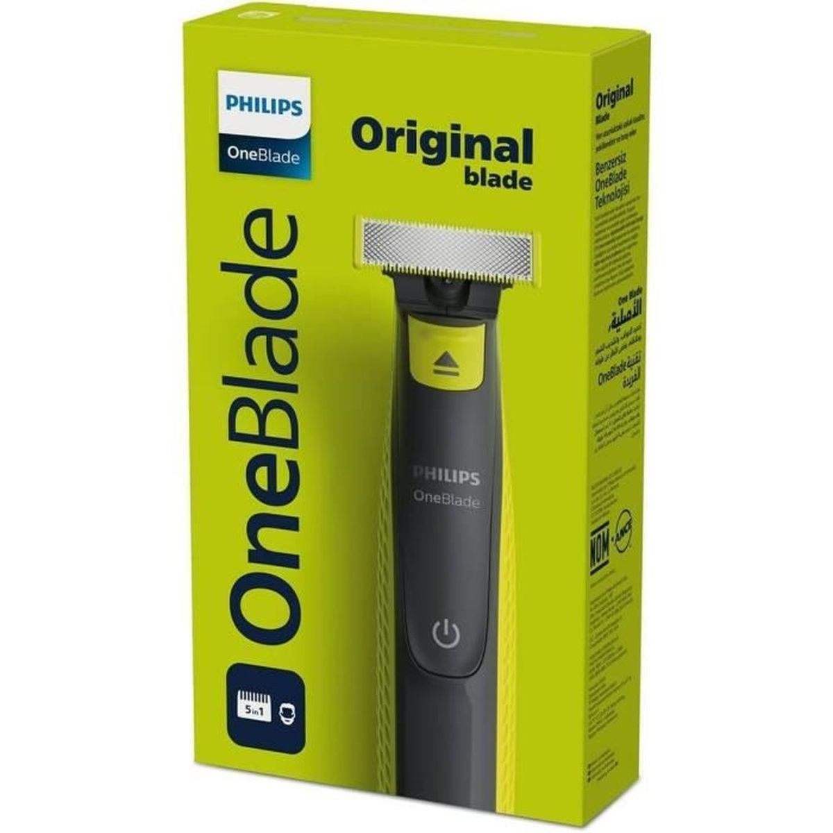 Una caja verde y amarilla de la afeitadora Philips OneBlade con la afeitadora visible, sobre fondo blanco.