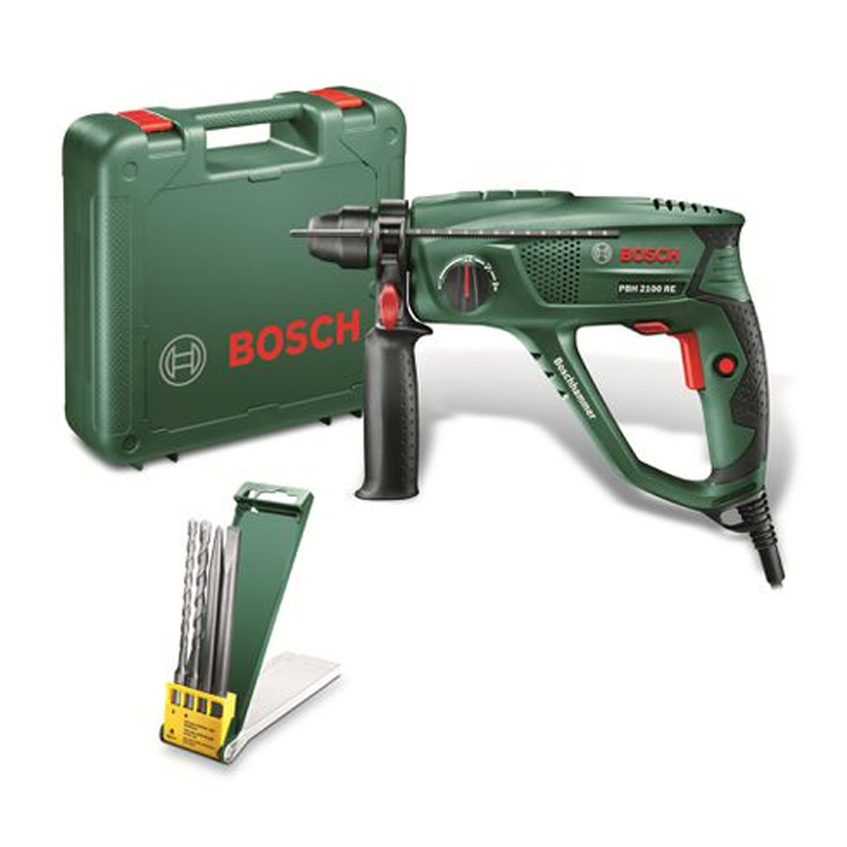 Un perforateur Bosch, vert et noir, avec une mallette de transport, des mèches et un porte-mèche supplémentaire.