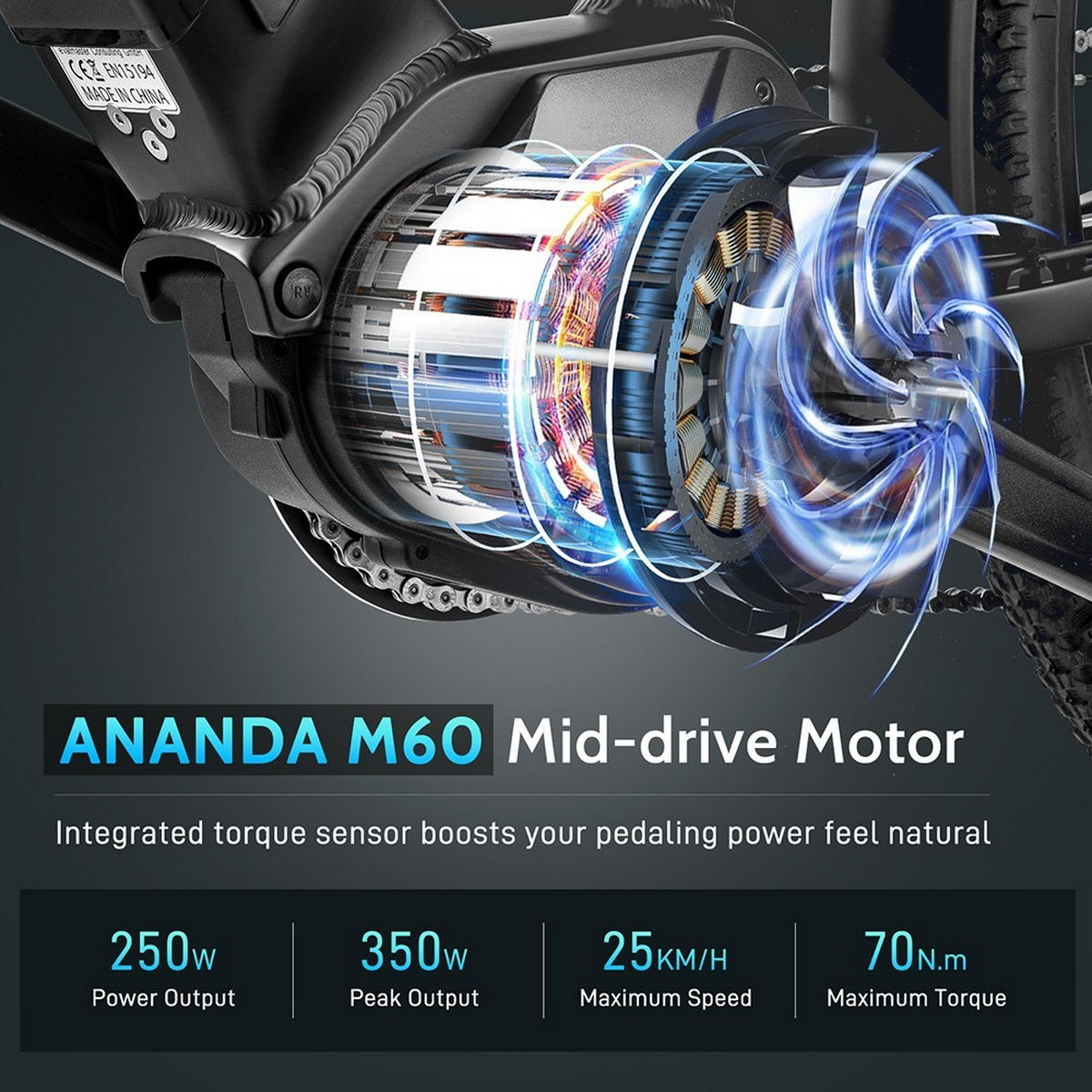 Ananda M60-Mittelmotor. 250W Ausgang, 350W Spitze, 25km/h Geschwindigkeit und 70Nm Drehmoment.