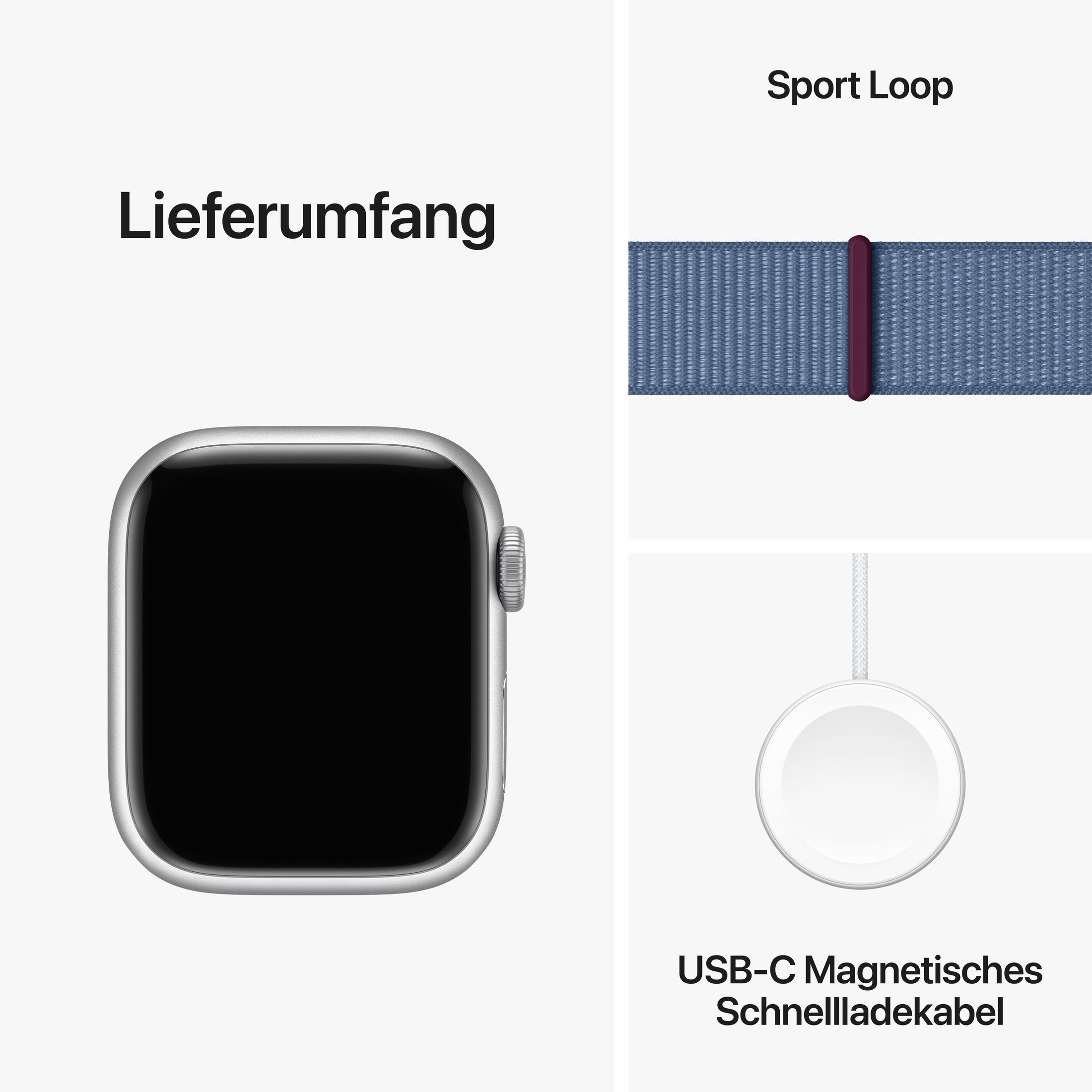 Apple Watch mit Armband und Ladegerät. Text auf Deutsch beschreibt die Artikel: Sport Loop, Uhr und Ladekabel.