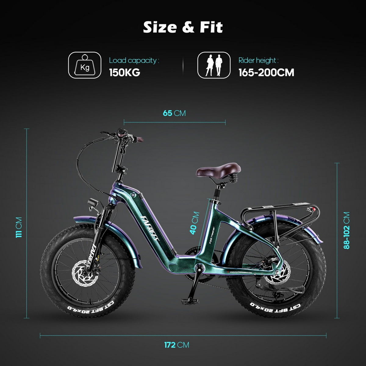 Grünes und blaues Elektrofahrrad mit Größenangaben und Fahrerhöheninfo.