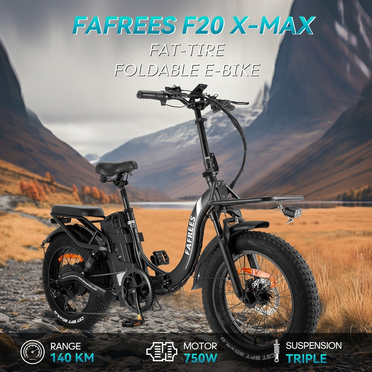 Schwarzes Elektrofahrrad mit fetten Reifen vor einem Berg-Hintergrund.